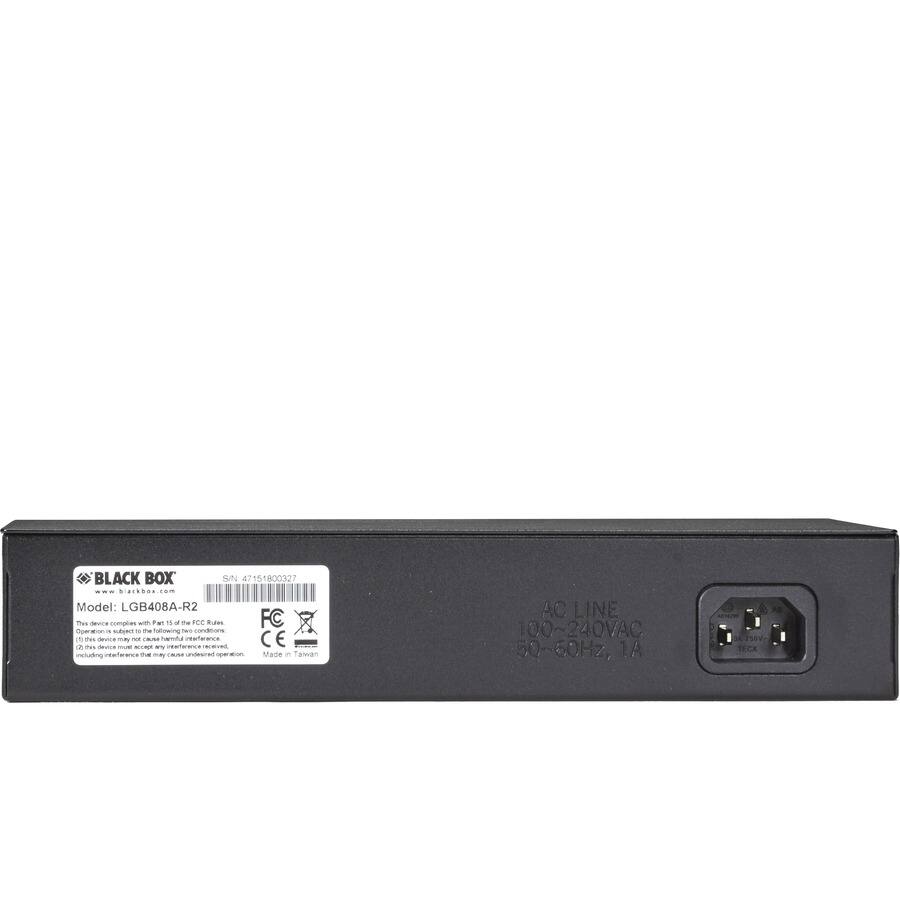BLACK BOX  
S/N 47151800327  
www.blackbox.com  
Model: LGB408A-R2  

This device complies with Part 15 of the FCC Rules.  
FC  
Opension it subject to the following net) conditions this device may not cause hamful interferance  
CE 7 the device must accept my interference received, including interference that may DIUM undesired speration.  
Made in Taiwan  

AC LINE  
100~240VAC  
50~60Hz, 1A