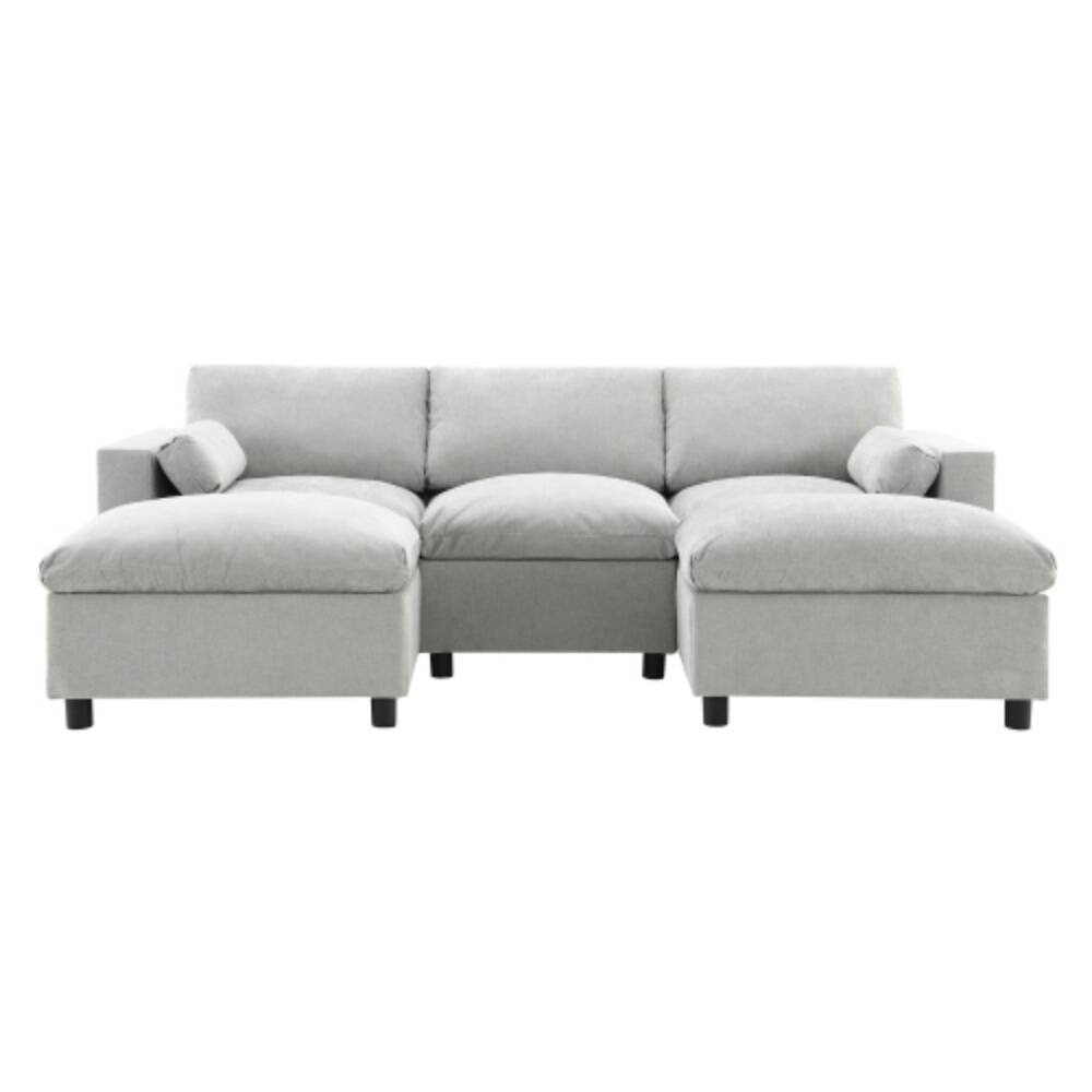 Alt View 4. LUCKY ONE - 86.5" U-Shape 5-Seat Modular Chenille Cloud Sofa w/ Storage Pockets & 2 Ottomans - Medium grey.