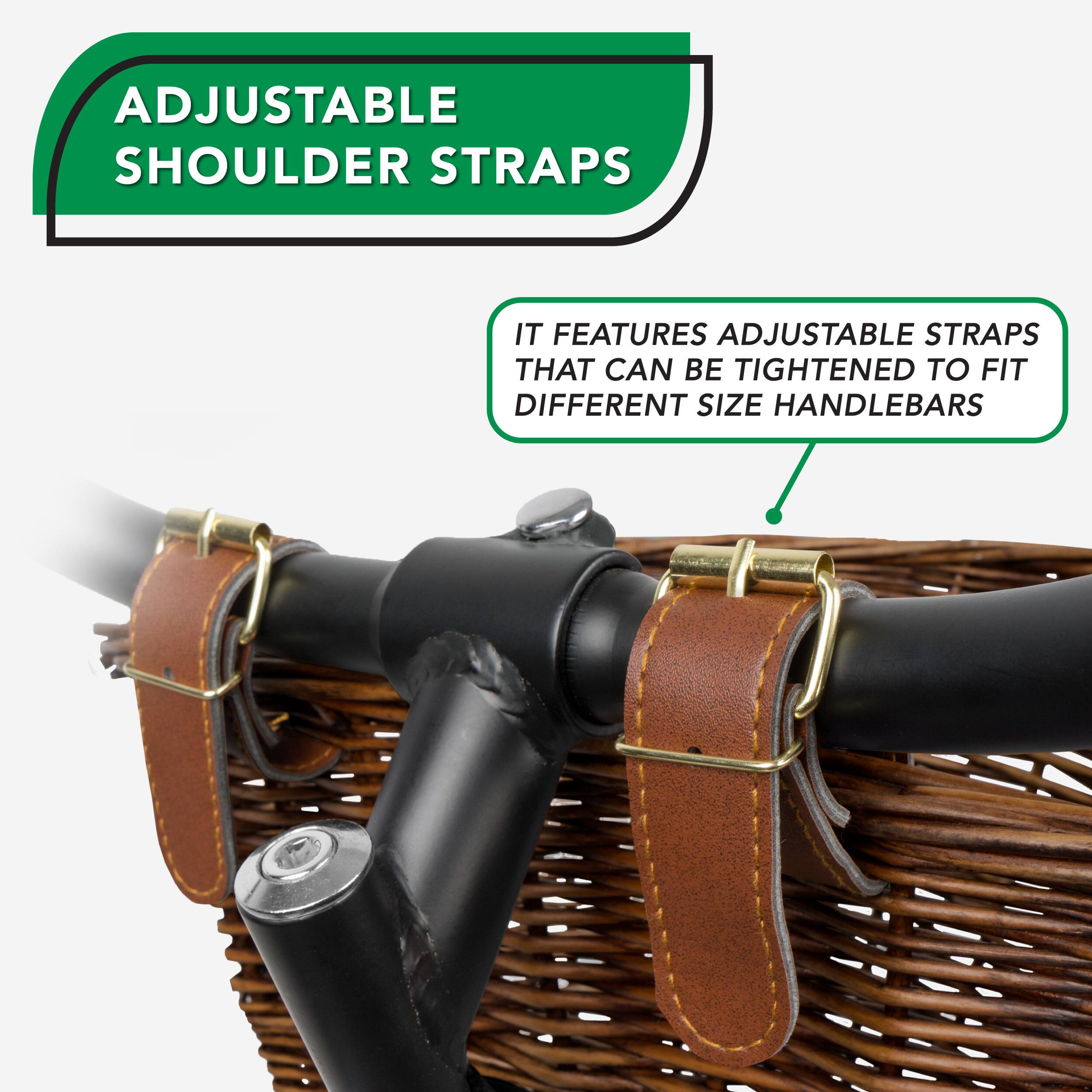 ADJUSTABLE SHOULDER STRAPS IT FEATURES ADJUSTABLE STRAPS THAT CAN BE TIGHTENED TO FIT DIFFERENT SIZE HANDLEBARS