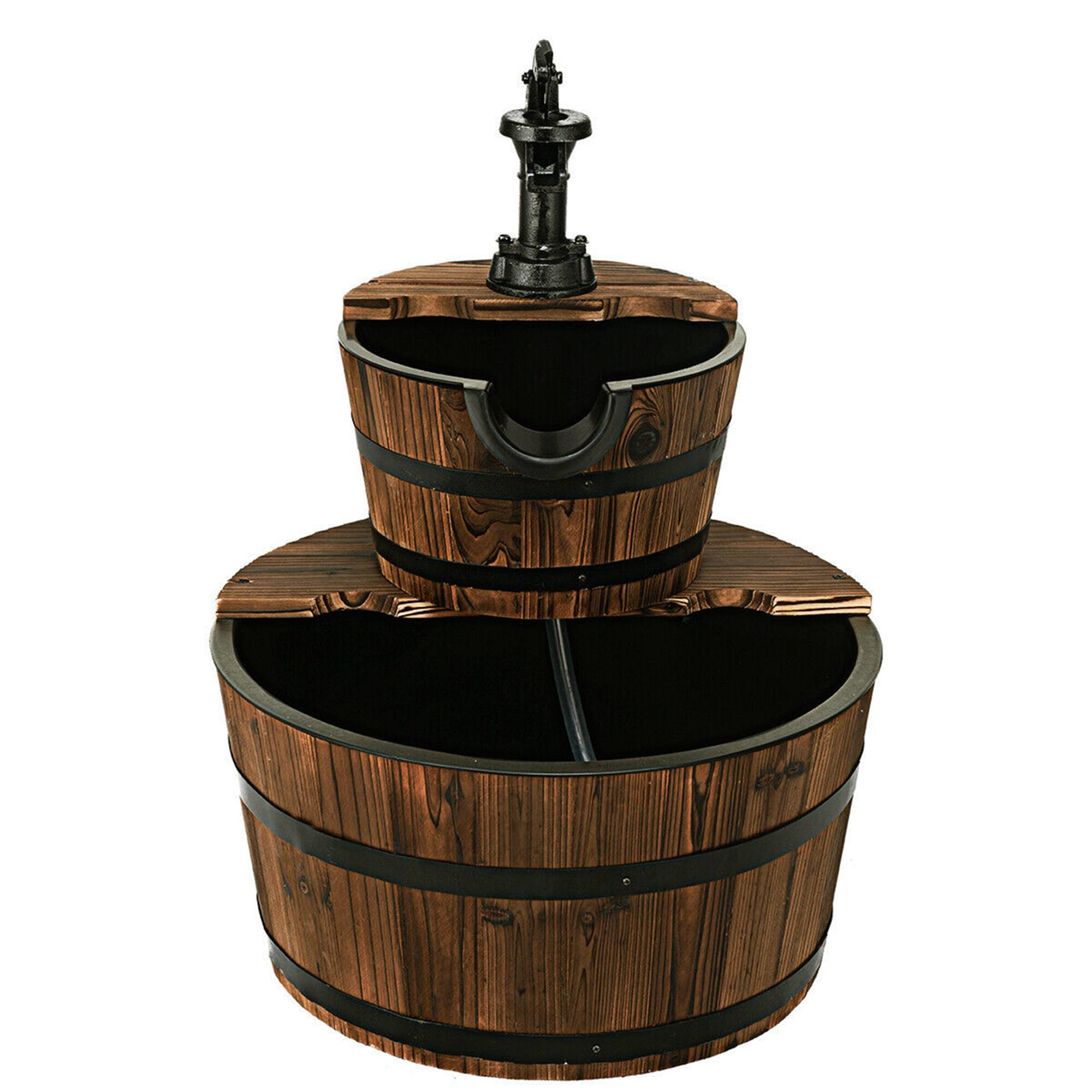 Alt View 1. Costway - 2 Tier Barrel Waterfall Fountain Barrel Wooden Water Fountain Pump Outdoor Garde - Brown.