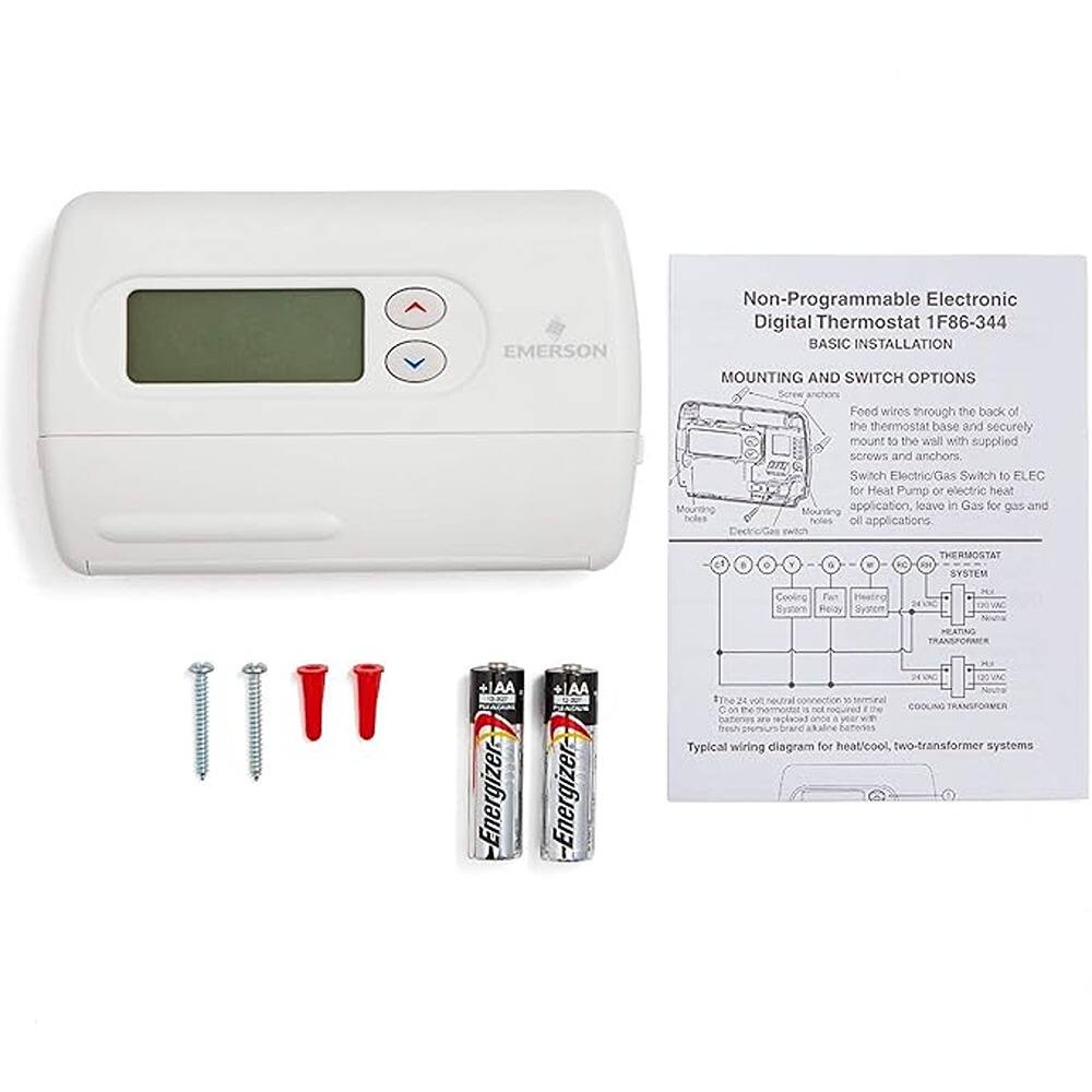 **EMERSON Non-Programmable Electronic Digital Thermostat 1F86-344**

**BASIC INSTALLATION**

**MOUNTING AND SWITCH OPTIONS**

- Feed wires through the back of the thermostat base and securely mount to the wall with supplied screws and anchors.
- Switch Electric/Gas Switch to ELEC for Heat Pump or electric heat application, leave in GAS for gas and oil applications.

**THERMOSTAT SYSTEM**

- Cooling System
- Fan Relay
- Heating System
- Transformer
- Neutral

**Typical wiring diagram for heat/cool, two-transformer systems**

**Note:** The thermostat is not required to be connected to the cooling transformer.