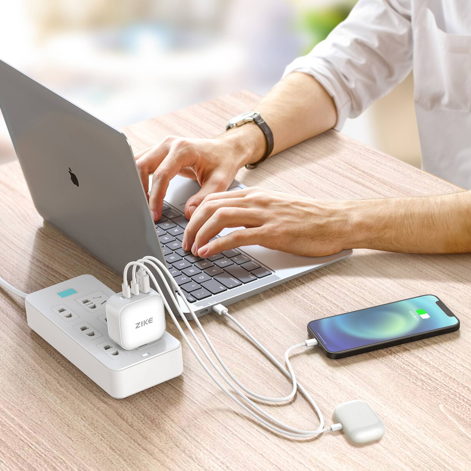 Alt View 2. Zike - Z265B 65W GaN USB-C 3-Port Wall Charger, GaN Technology, UK/EU Pin Converters, Designed for Travel - White.