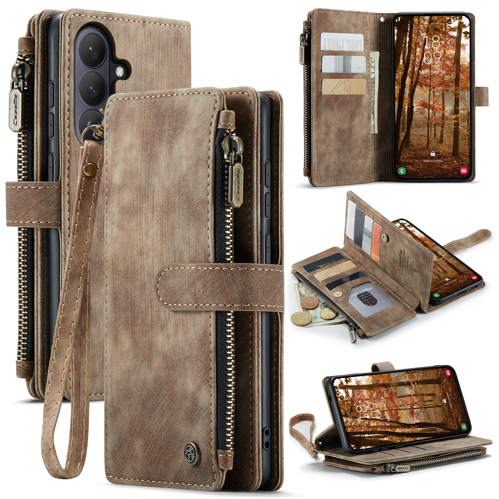 UUCOVER - Wallet Case for Samsung Galaxy S26+ with Zipper Pocket, Card Slot Cash Holder and Wrist Strap, Magnetic Flip Stand Cover - Brown