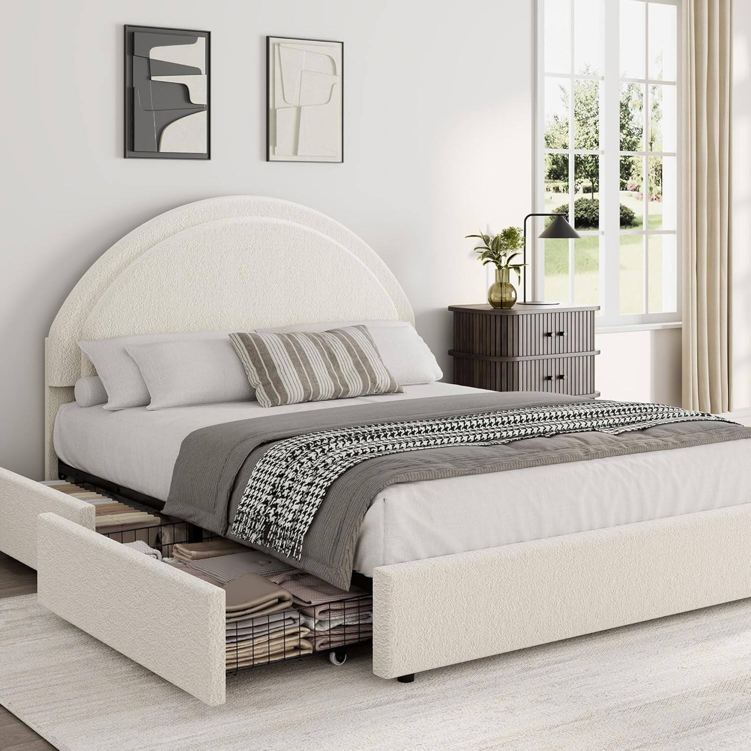 GARVEE - Queen Bed Frame with 4 Storage Drawers, Upholstered Boucle, Perfect for Bedroom Organization - Beige