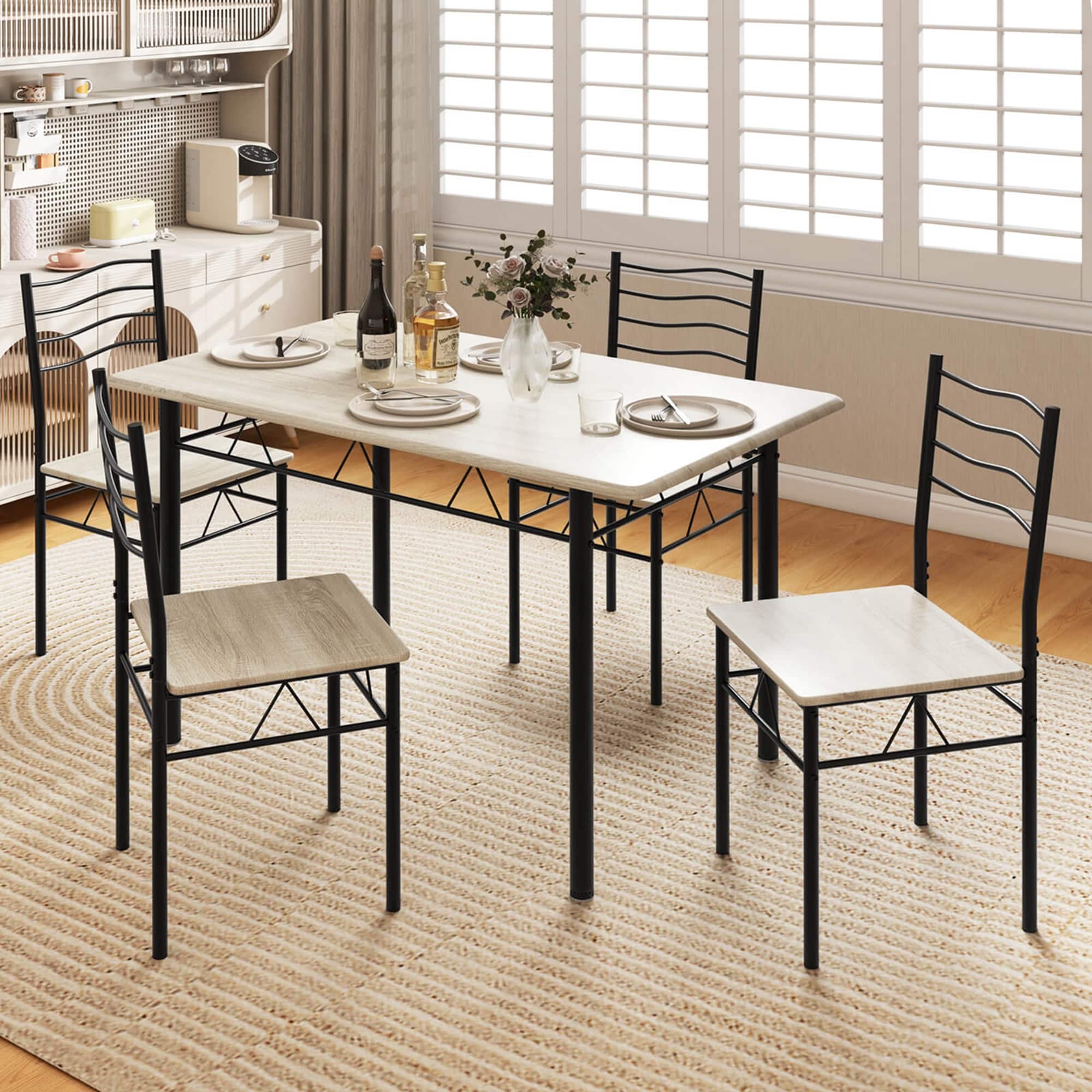 Alt View 5. Costway - 5 Piece Dining Table Set 29.5" with 4 Chairs Wood Metal Kitchen Breakfast Furniture Natural - Beige.