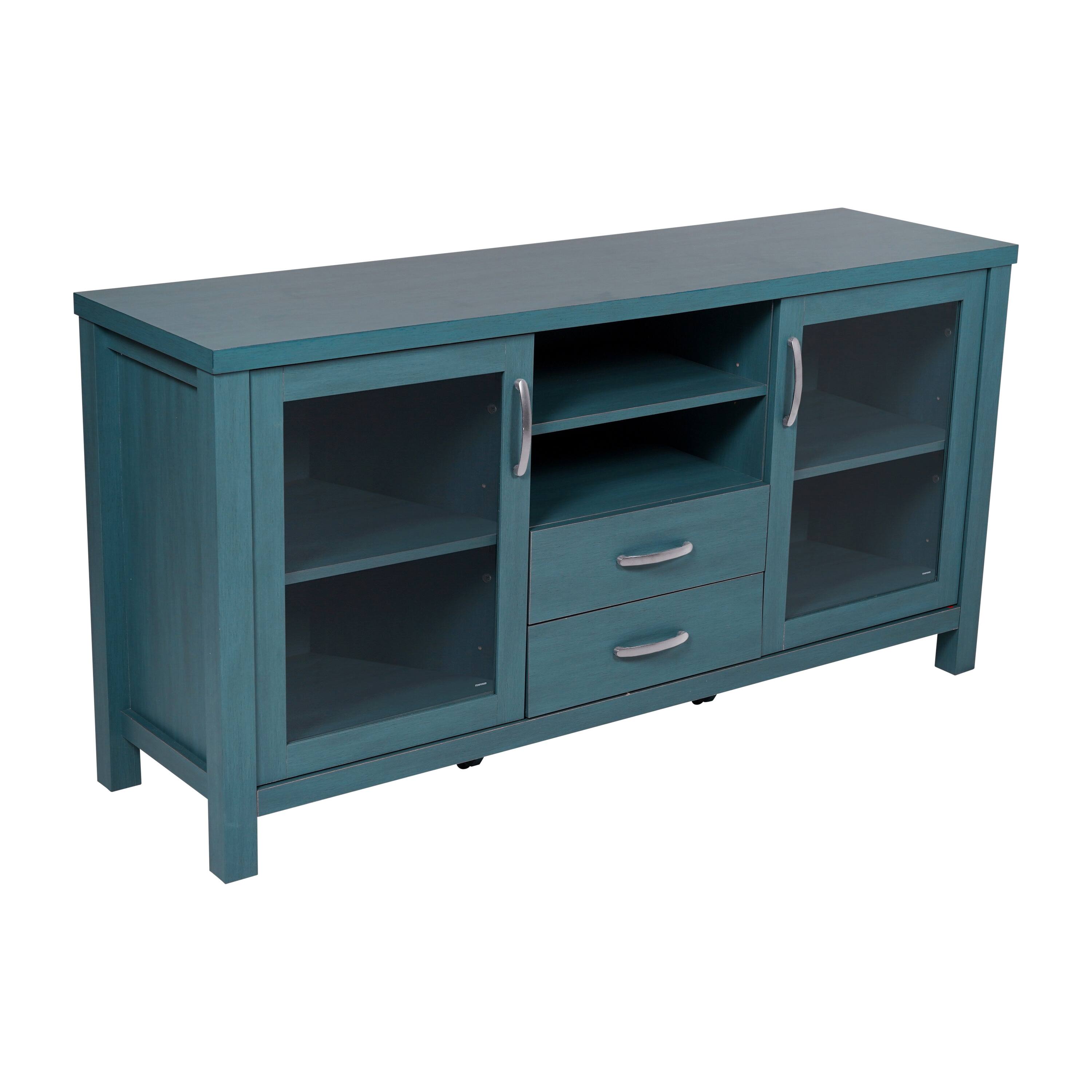 Alt View 1. Emma + Oliver - Engineered Wood Buffet Cabinet w/ Storage, 2 Drawers, 2 Glass Doors - Teal.