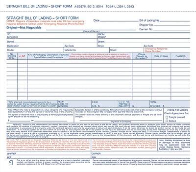 STRAIGHT BILL OF LADING - SHORT FORM  
AB3876, 9013, 9014, T3841, L341, 3843  

STRAIGHT BILL OF LADING - SHORT FORM  
Original - Not Negotiable  

Date of Lading No  
Shipper No  
Carrier No  
Route  
SCAC  
Place of Receipt  
Place of Delivery  

Shipper:  
[Name]  
[Address]  
[City, State, ZIP]  

Consignee:  
[Name]  
[Address]  
[City, State, ZIP]  

Notify:  
[Name]  
[Address]  
[City, State, ZIP]  

Description of Goods:  
[Description]  

Number of Packages:  
[Number]  
Kind of Packages:  
[Type]  
Marks and Numbers:  
[Details]  

Freight Charges:  
[Amount]  
[Rate]  
[Weight]  

Other Charges:  
[Amount]  

Total Charges:  
[Amount]  

Freight - Charges  
[Amount]  
[Rate]  
[Weight]  

Other Charges  
[Amount]  

Total  
[Amount]  

[Signature]  
[Name]  
