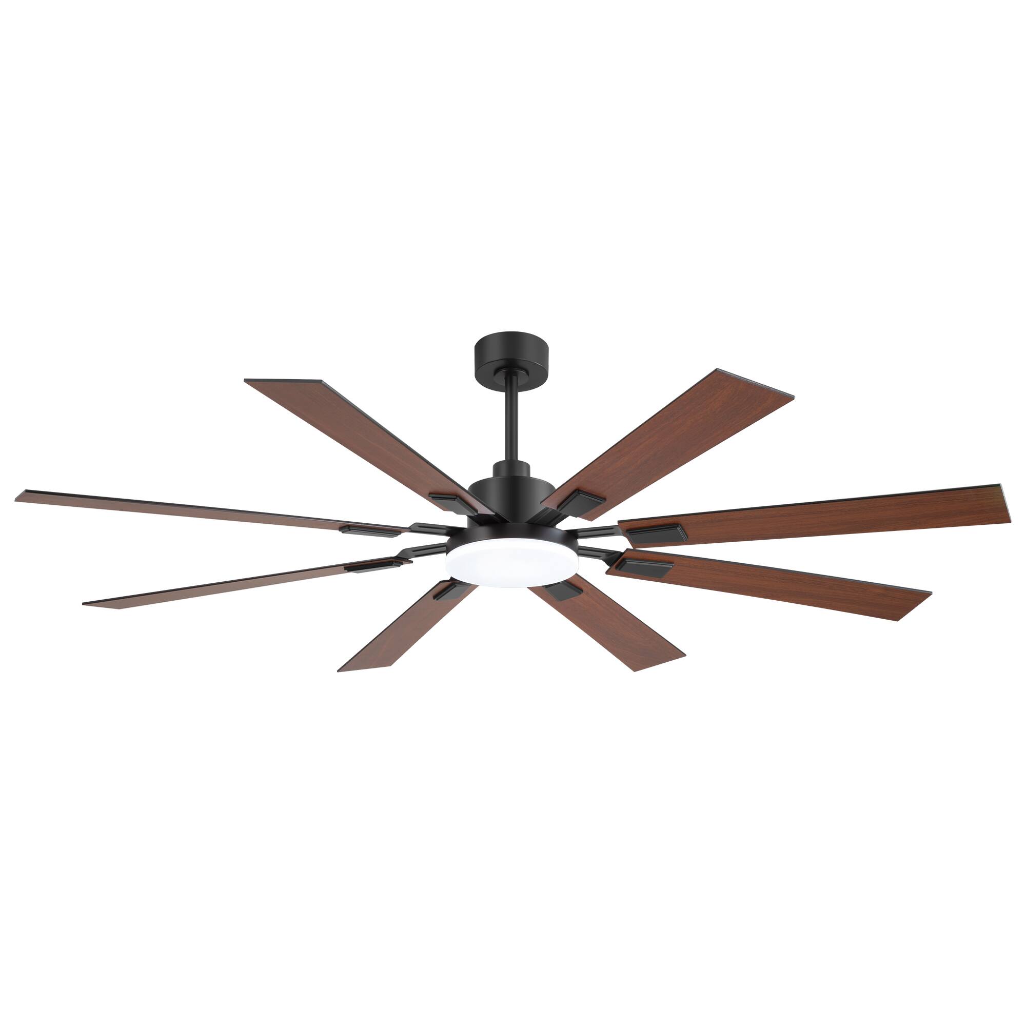 Angle. Breezary - 72'' Ceiling Fan with 8 Plywood Blades, 3-Color Light, 6-Speed DC Motor, 6"/20" Downrods, Remote with Timer - Matte Black and Dark Wood Grain.