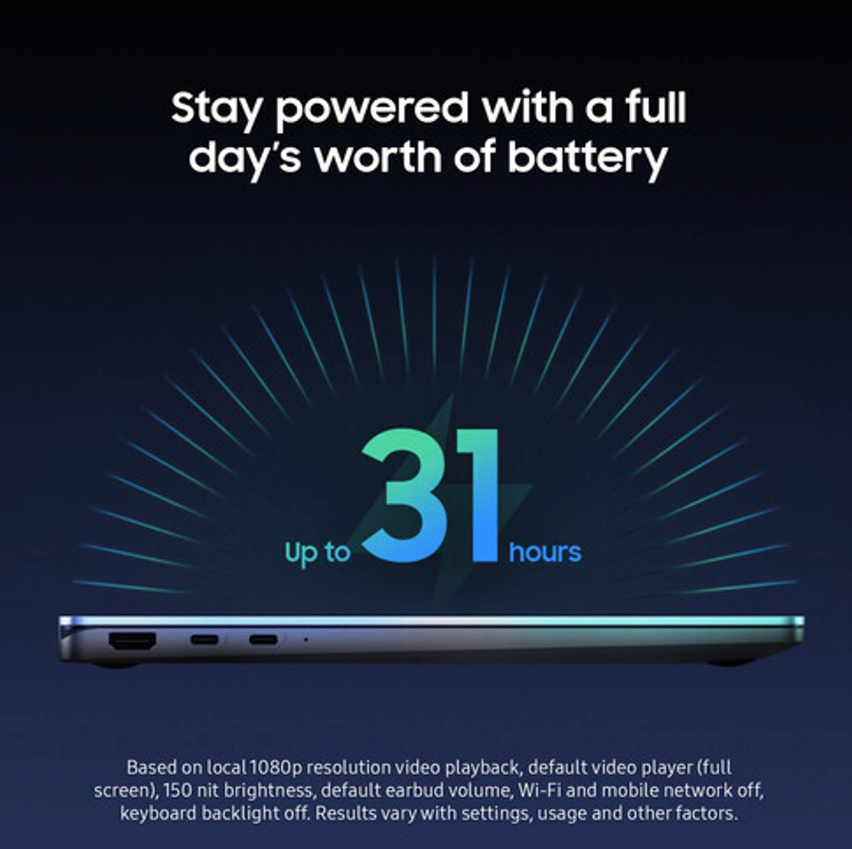 Stay powered with a full day's worth of battery  
Up to 31 hours  

Based on local 1080p resolution video playback, default video player (full screen), 150 nit brightness, default earbud volume, Wi-Fi and mobile network off, keyboard backlight off. Results vary with settings, usage and other factors.