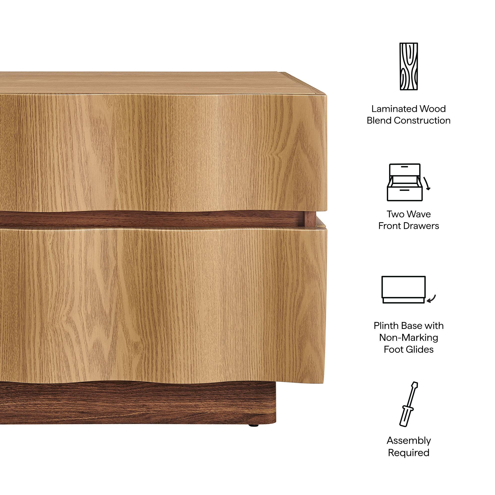 Laminated Wood Blend Construction  
Two Wave Front Drawers  
Plinth Base with Non-Marking Foot Glides  
Assembly Required
