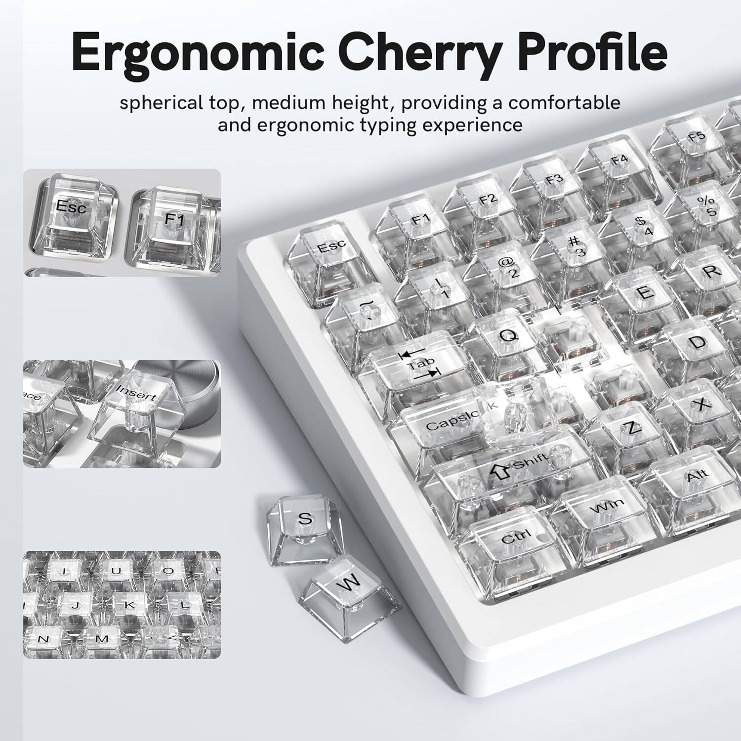Ergonomic Cherry Profile spherical top, medium height, providing a comfortable and ergonomic typing experience

F5 F4 F3 F2 % Esc S F1 F1 S 4 Esc # 3 2 R 1 E 0D Insort S Q Tab K Capsic Shift Ctrl Z Win D x Alt I J U K O L E W N M
