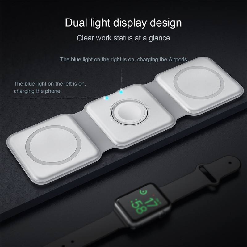 Dual light display design  
Clear work status at a glance  

The blue light on the right is on, charging the Airpods  
The blue light on the left is on, charging the phone