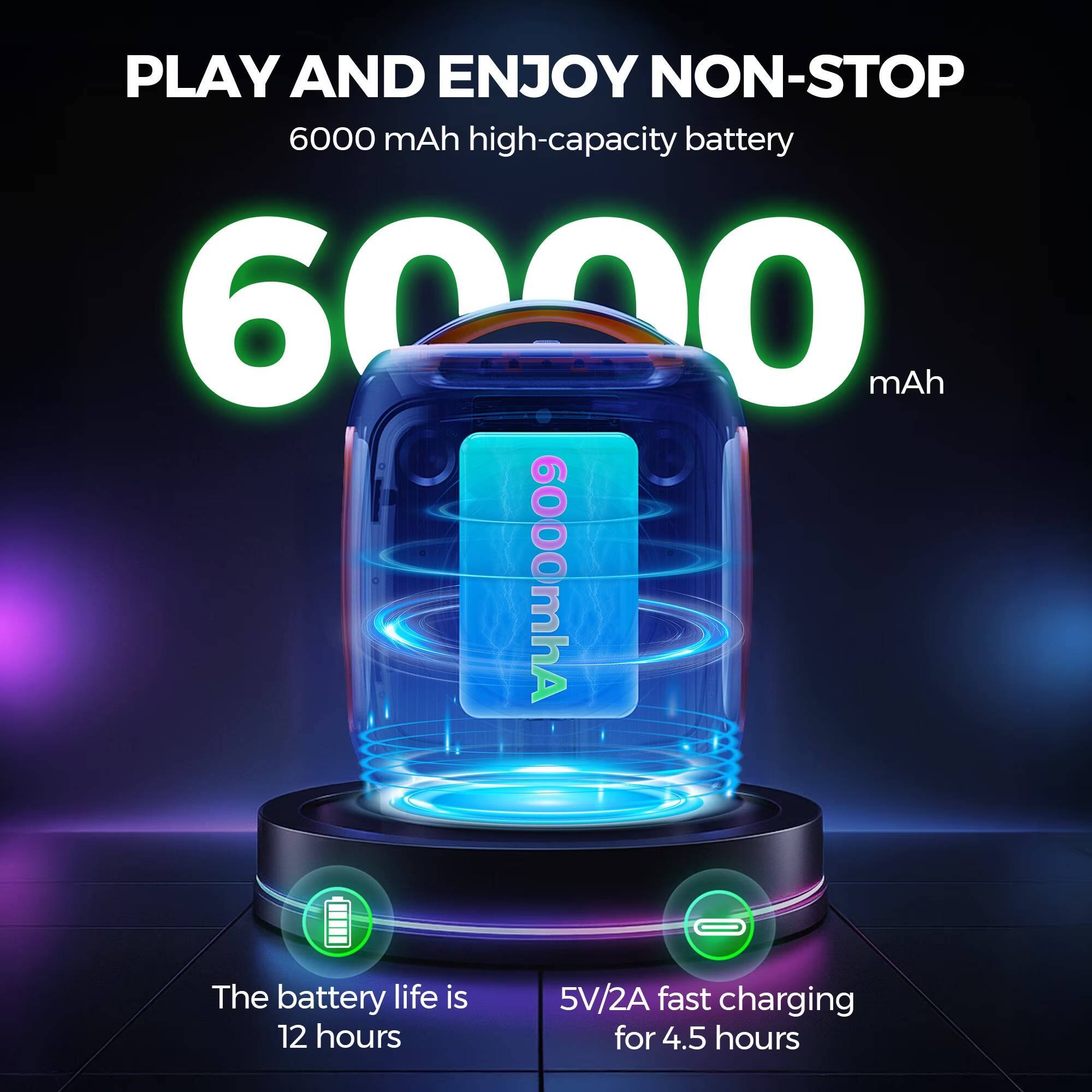 PLAY AND ENJOY NON-STOP  
6000 mAh high-capacity battery  
6000 mAh  
The battery life is 12 hours  
5V/2A fast charging for 4.5 hours
