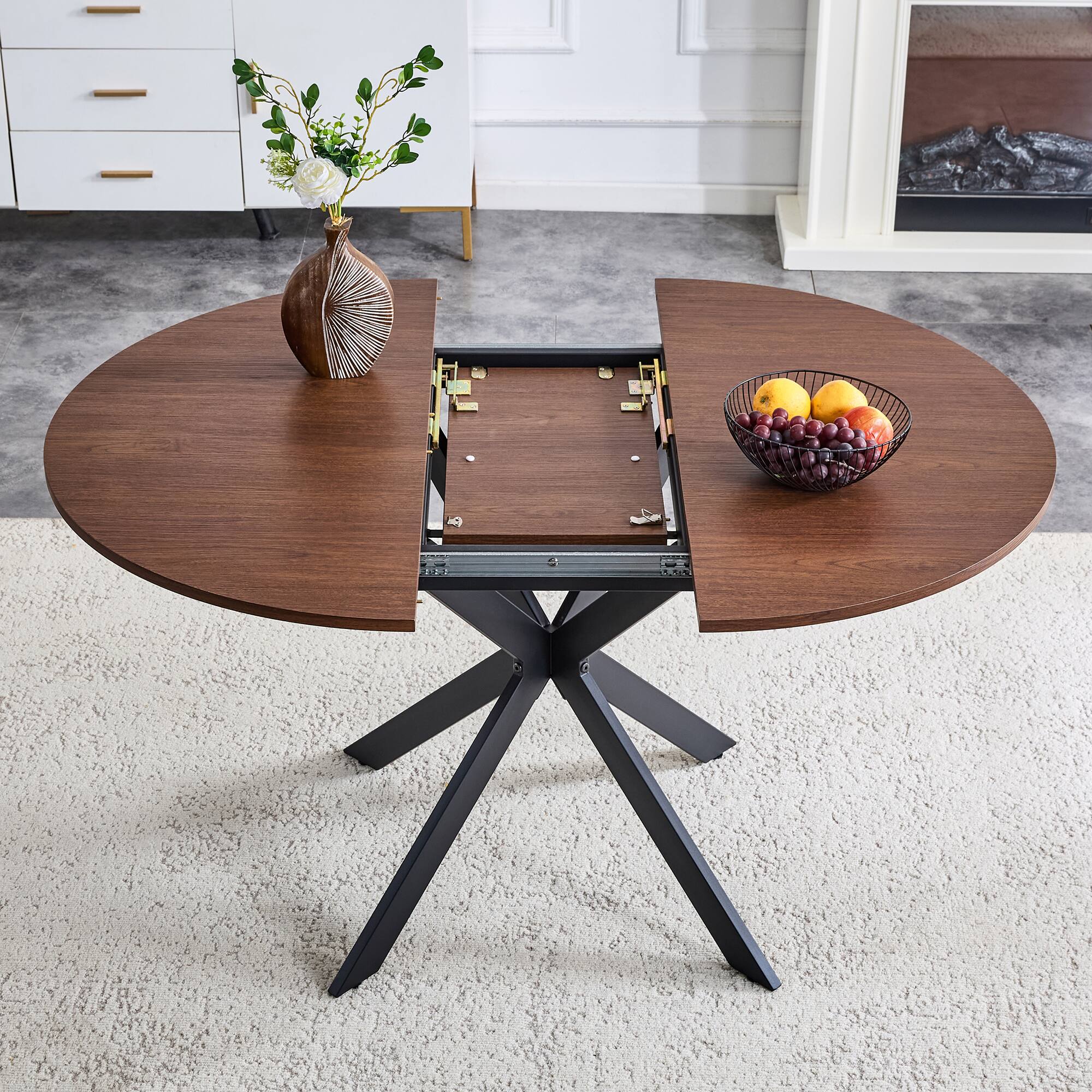 Alt View 2. Loheer - Loheer- Extendable Round Dining Table 3.58 to 4.5 ft Space Saving Metal Legs 4 to 6 Seater for Small Apartment - Walnut.