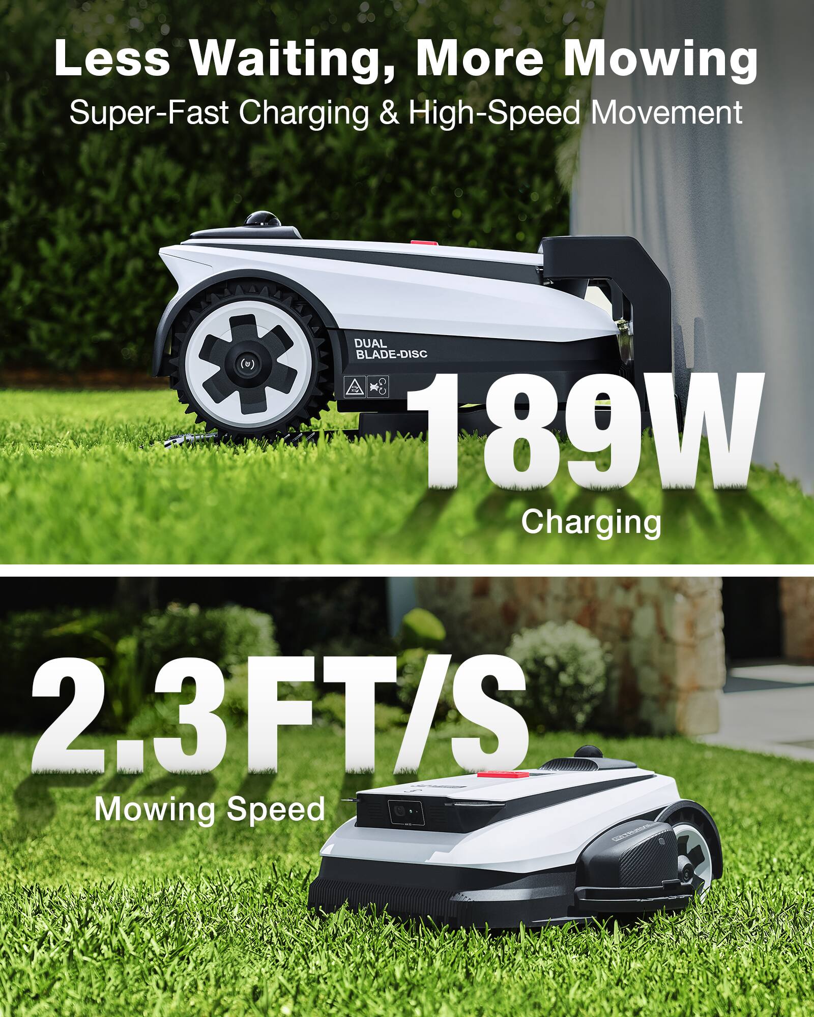 Less Waiting, More Mowing  
Super-Fast Charging & High-Speed Movement  

189W Charging  

2.3 FT/S Mowing Speed