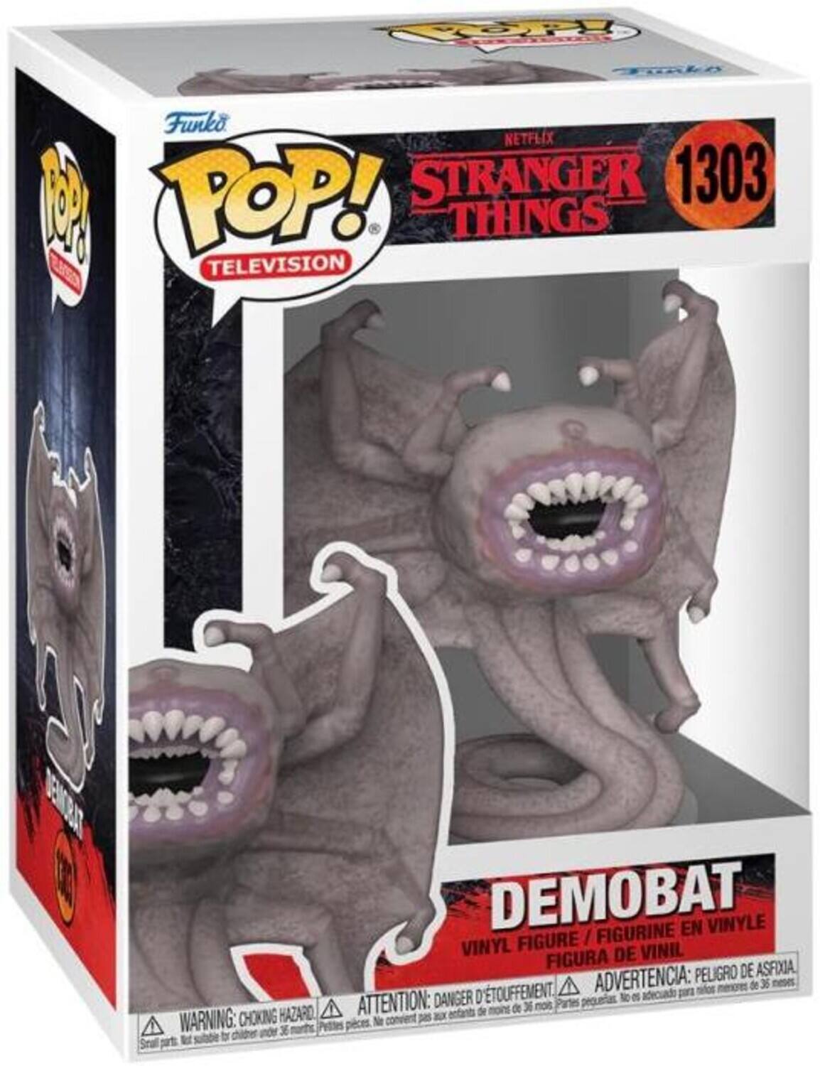 Funko POP! NETFLIX 8 STRANGER THINGS 1303 TELEVISION DEMOBAT EN VINYLE FIGURE / FIGURINE VINYL DE VINIL FIGURA WARNING: CHOKING HAZARD ATTENTION: DANGER D'ETOUFFEMENT peligro de asfixia. ADVERTENCIA: PELIGRO DE ASFIXIA. NON CONSIDERATO PARA NIÑOS menores de 36 meses