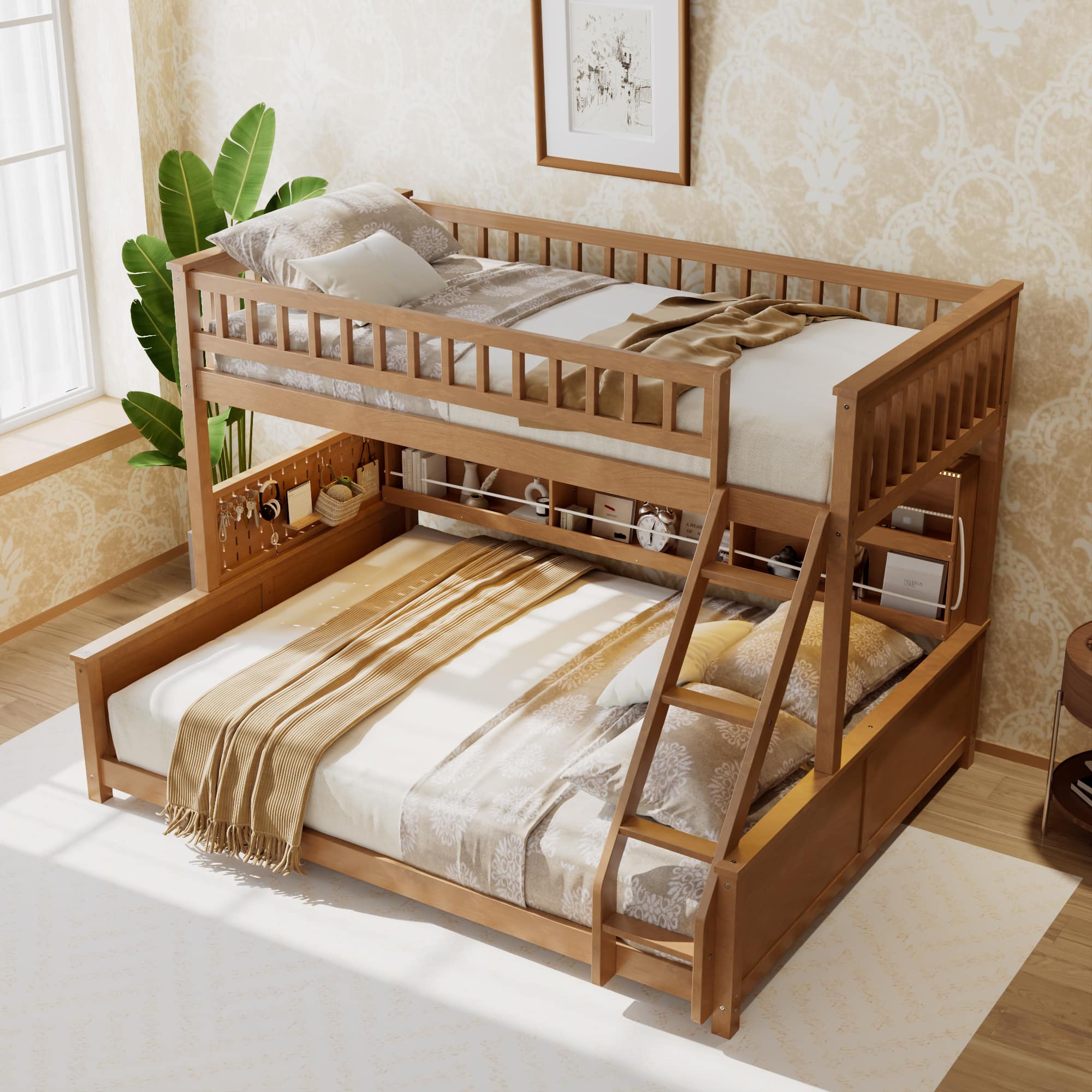 Anysun - Twin XL over Queen Bunk Bed with Integrated Shelving, Color-Changing Lights and Pegboard - Brown