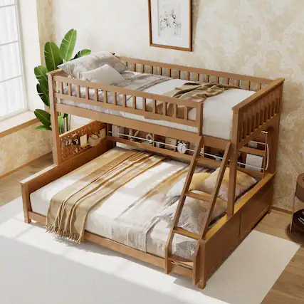 Front. Anysun - Twin XL over Queen Bunk Bed with Integrated Shelving, Color-Changing Lights and Pegboard - Brown.