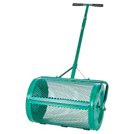 Front. VEVOR - Compost Spreader, 24 in Wide Peat Moss Spreader with Push/Tow Handle, 4 Heights Adjustable, Powder-Coated Steel Garden - Green.