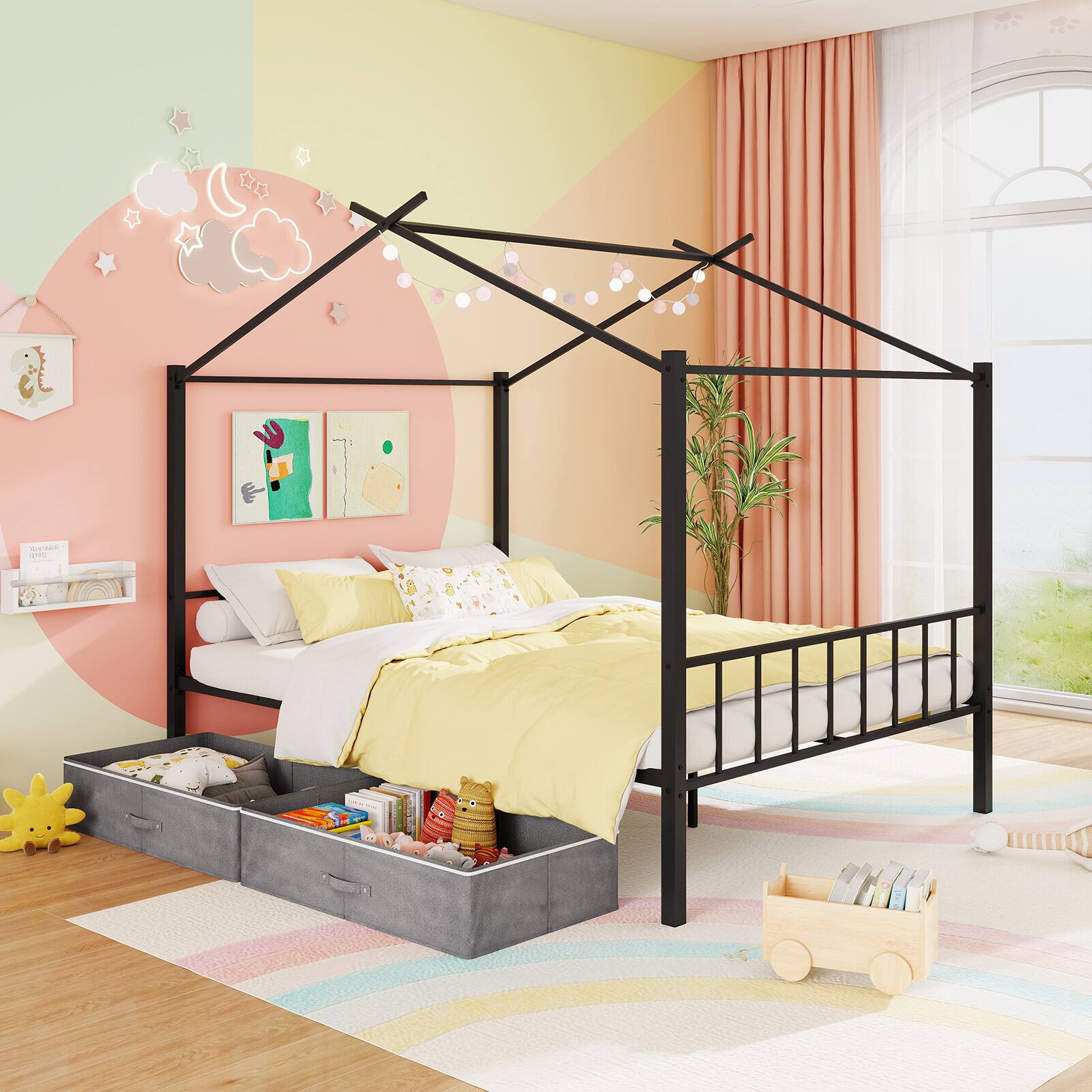 Alt View 1. Gymax - Gymax Full Size Metal House Bed w/ 2 Fabric Drawers Heavy-Duty Platform Bed Black - Black.