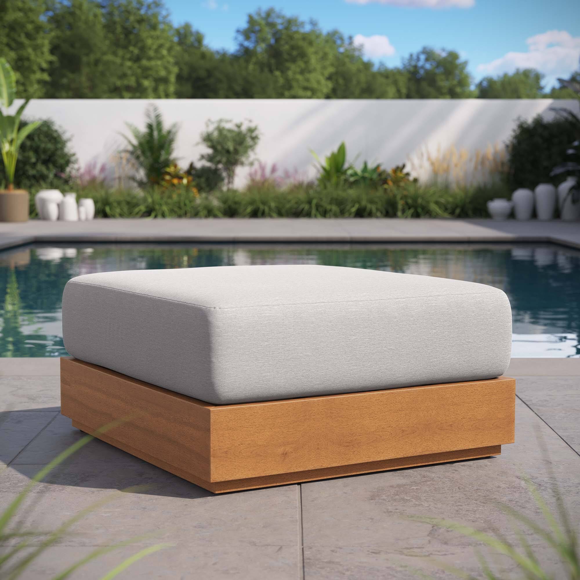 Front. Modway - Tahoe Outdoor Patio Acacia Wood Ottoman by Modway - Natural Light Gray.