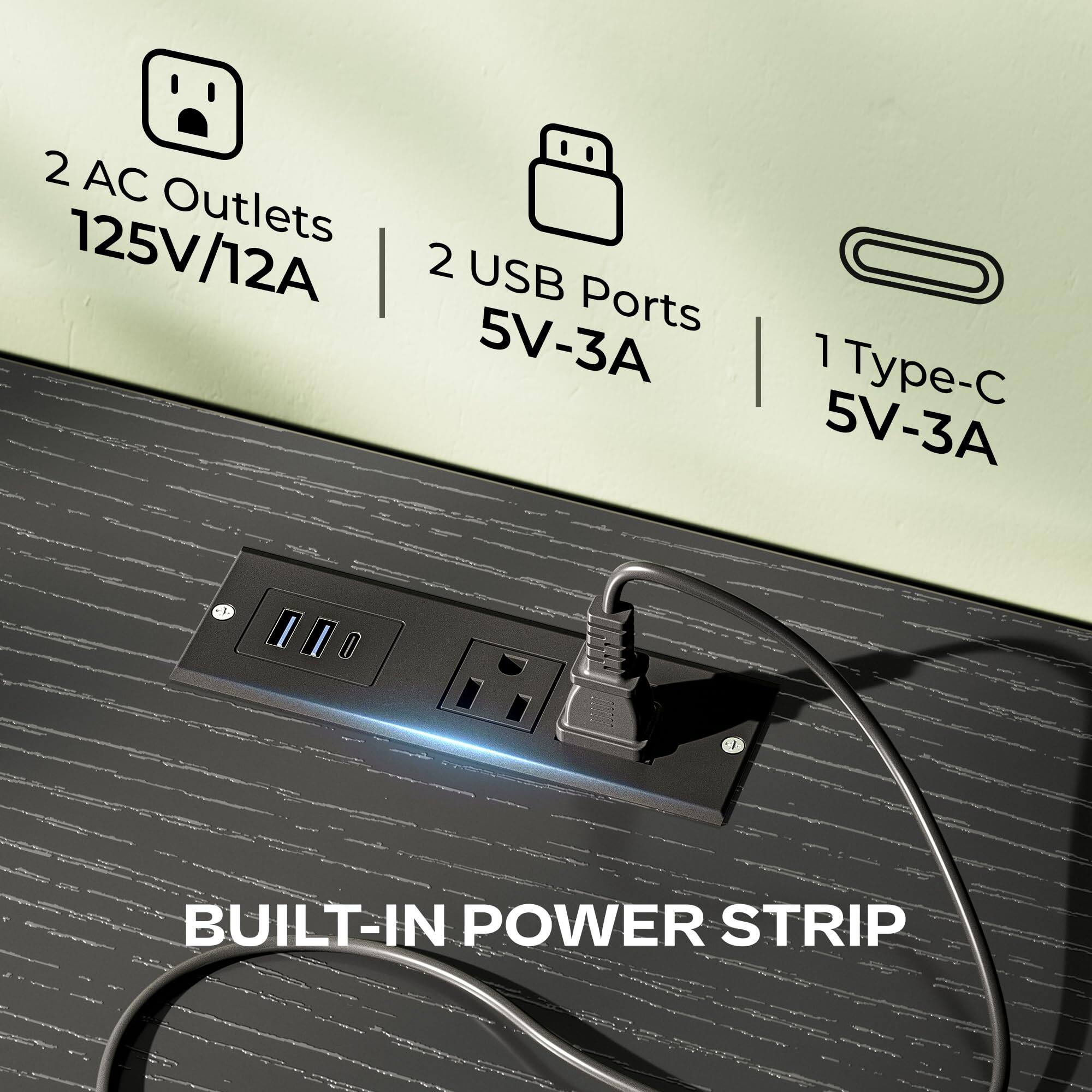 2 AC Outlets  
125V/12A  

2 USB Ports  
5V-3A  

1 Type-C  
5V-3A  

BUILT-IN POWER STRIP