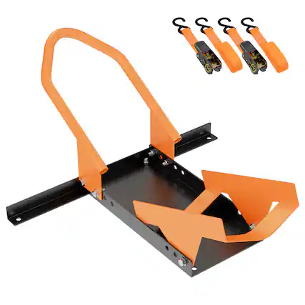 Front. Mockins - Fat Tire Motorcycle Front Wheel Chock for up to 7.1 in. Tires with Stabilizer Base and Ratchet Straps.