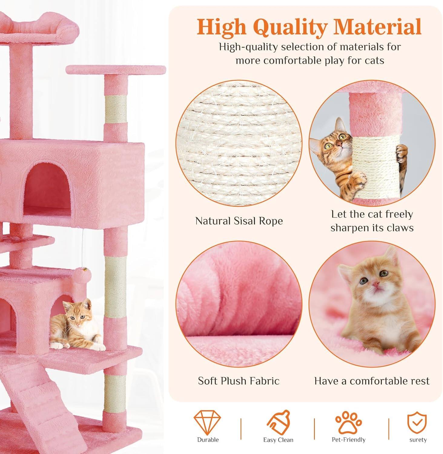 High Quality Material  
High-quality selection of materials for more comfortable play for cats  

Natural Sisal Rope  
Let the cat freely sharpen its claws  

Soft Plush Fabric  
Have a comfortable rest  

Durable  
Easy Clean  
Pet-Friendly  
Surety