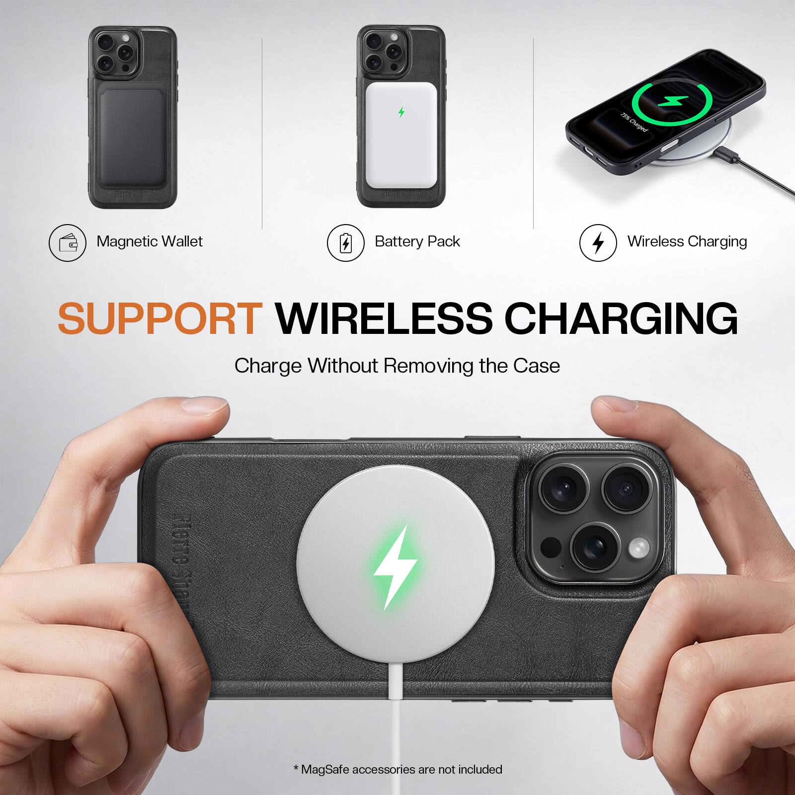 NSI Charged  
Magnetic Wallet  
Battery Pack  
Wireless Charging  
SUPPORT WIRELESS CHARGING  
Charge Without Removing the Case  
*MagSafe accessories are not included