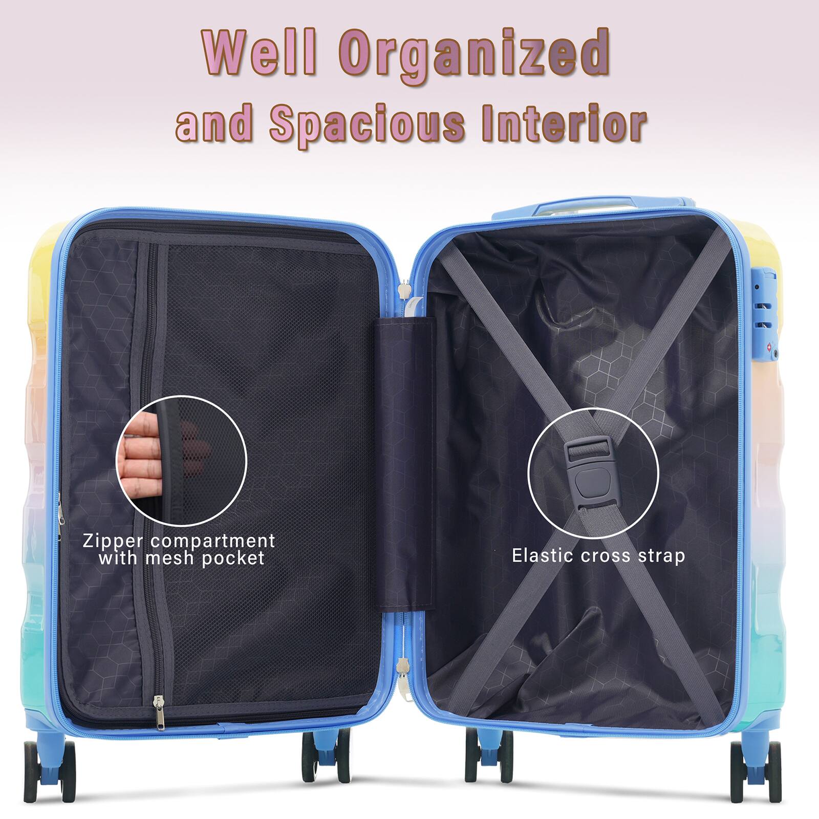 Well Organized and Spacious Interior

- Zipper compartment with mesh pocket
- Elastic cross strap