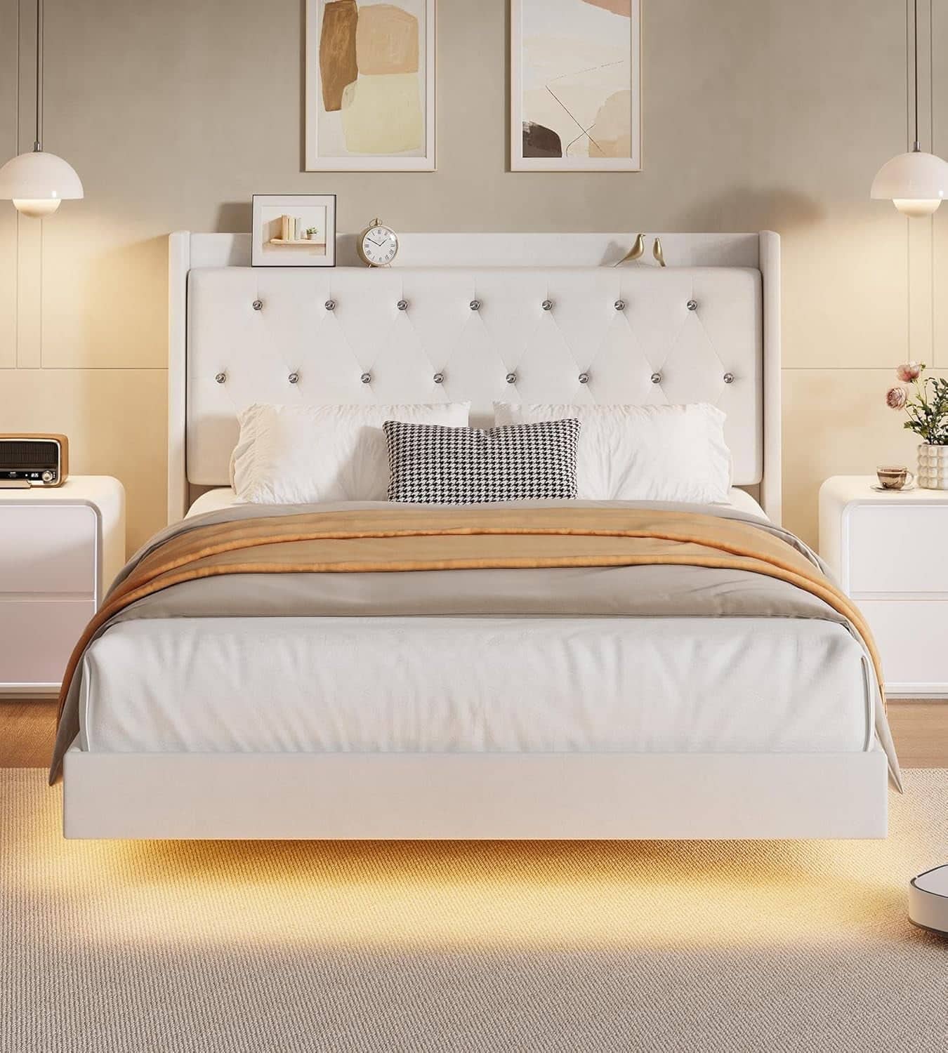 GARVEE- Full Floating Bed Frame with LED Lights, Velvet Upholstered, Contemporary & Elegant Bed- White
