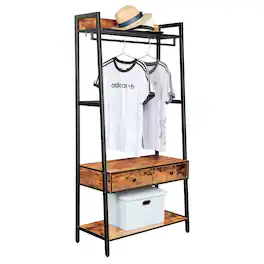 JJS - Industrial Rustic Hall Tree Shoe Bench With Storage Drawers And Shelf - Rustic Brown