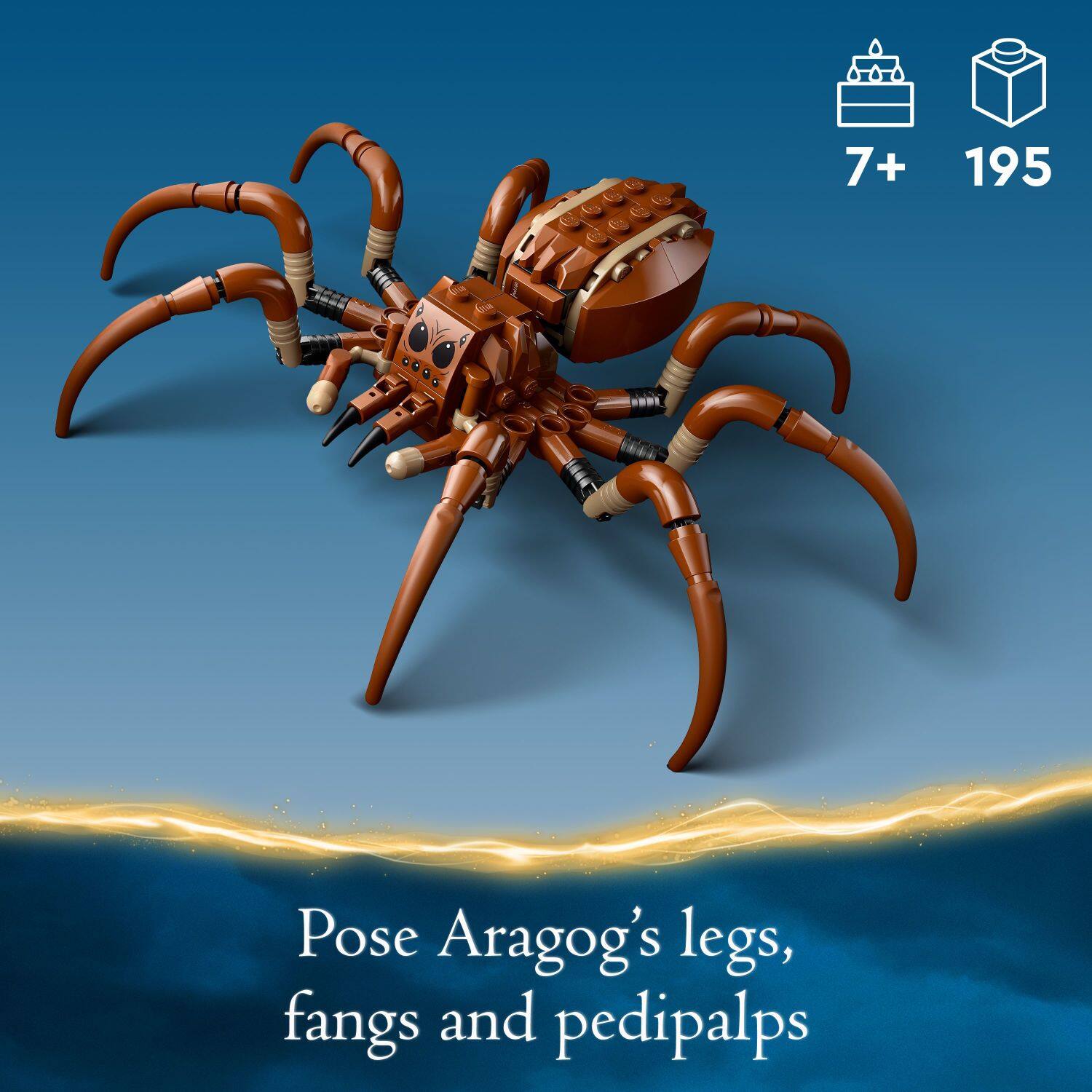 The text on the image reads: "Pose Aragog's legs, fangs and pedipalps."
