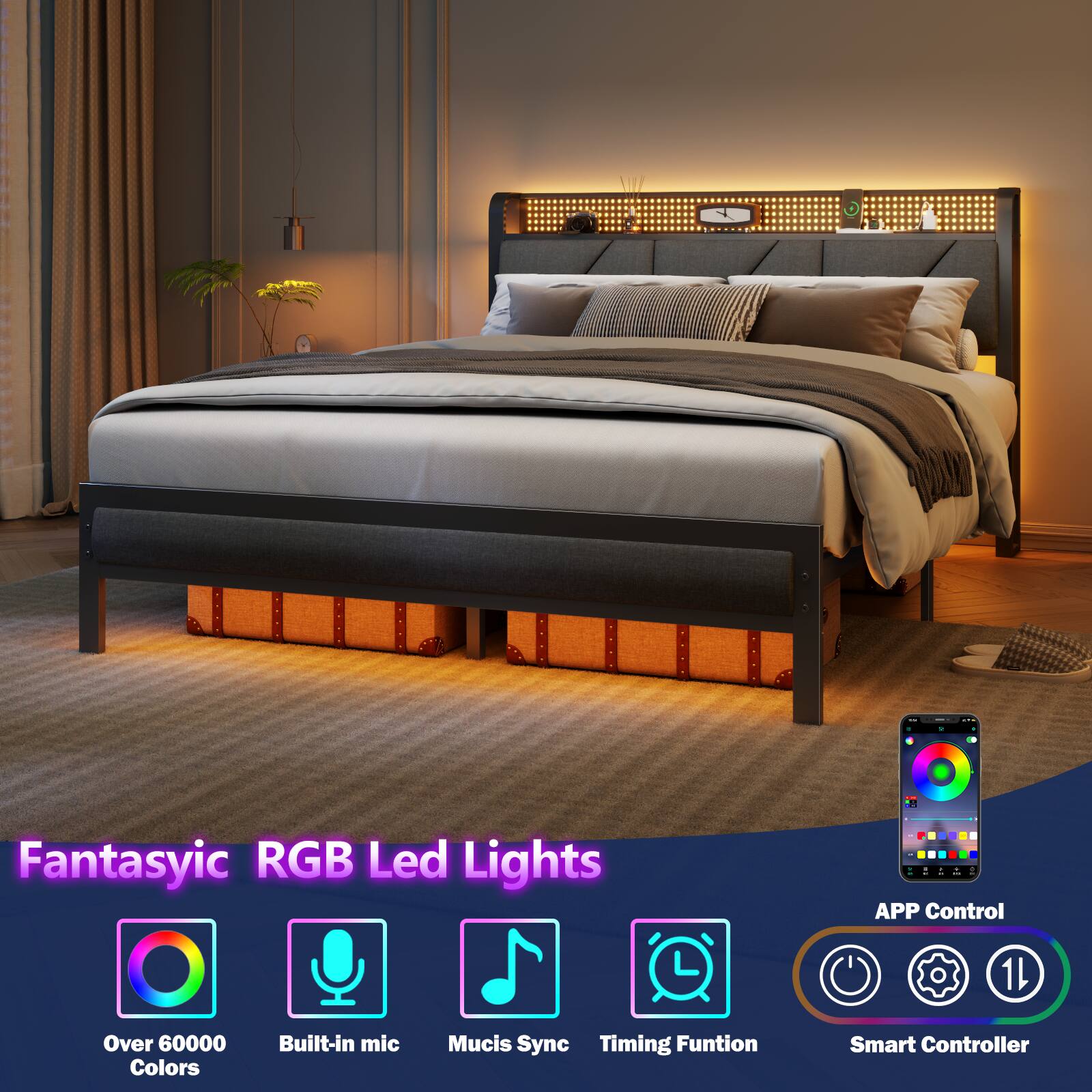 Fantasyic RGB Led Lights - APP Control  
Over 60000 Colors  
Built-in mic  
Music Sync  
Timing Function  
Smart Controller