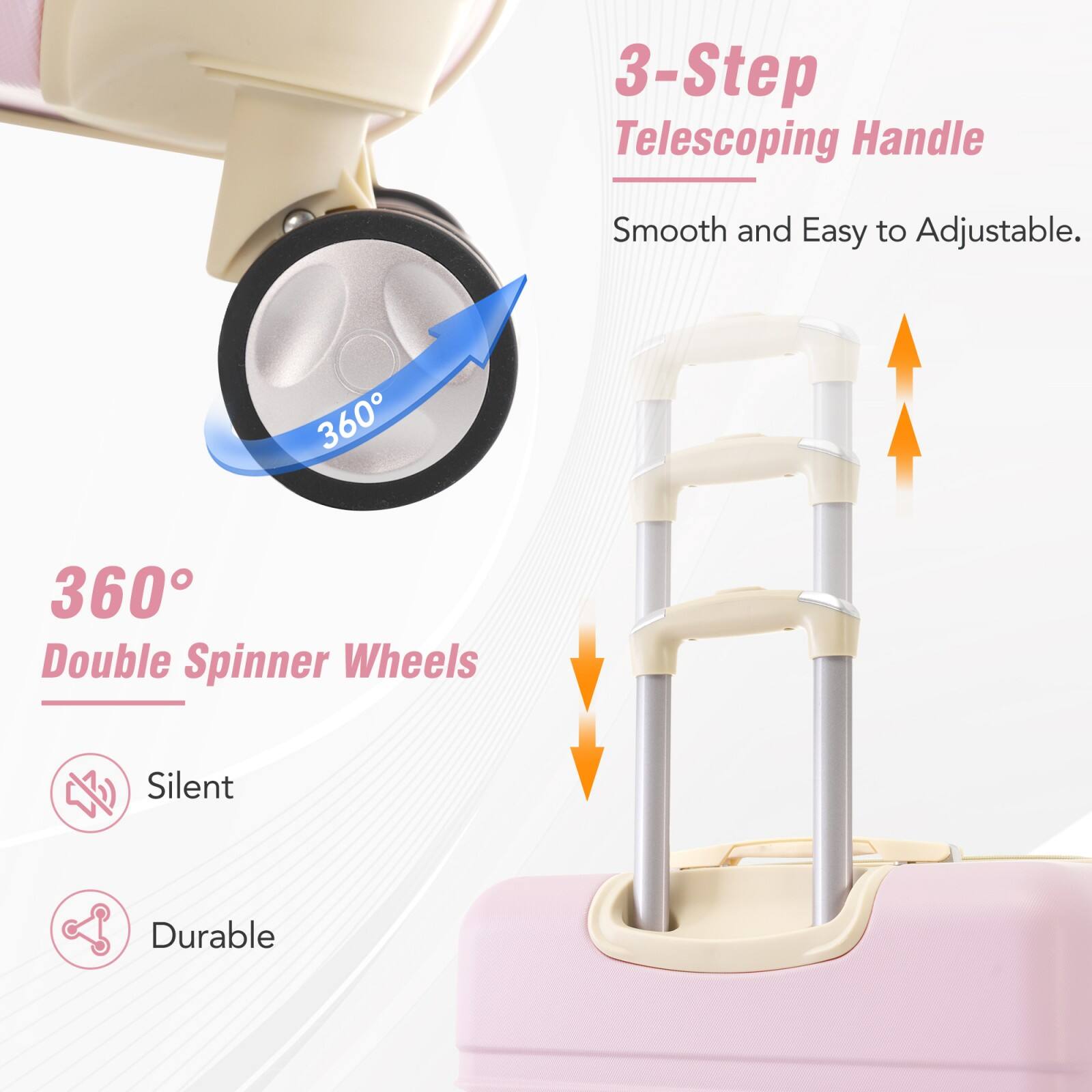 3-Step Telescoping Handle  
Smooth and Easy to Adjustable.

360° Double Spinner Wheels  
Silent  
Durable