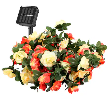 Front. Oumilen - 50LED Solar Rose Vine String Lights Warm White 8 Modes Pink & Orange Flower Fairy Lights Outdoor Decor.