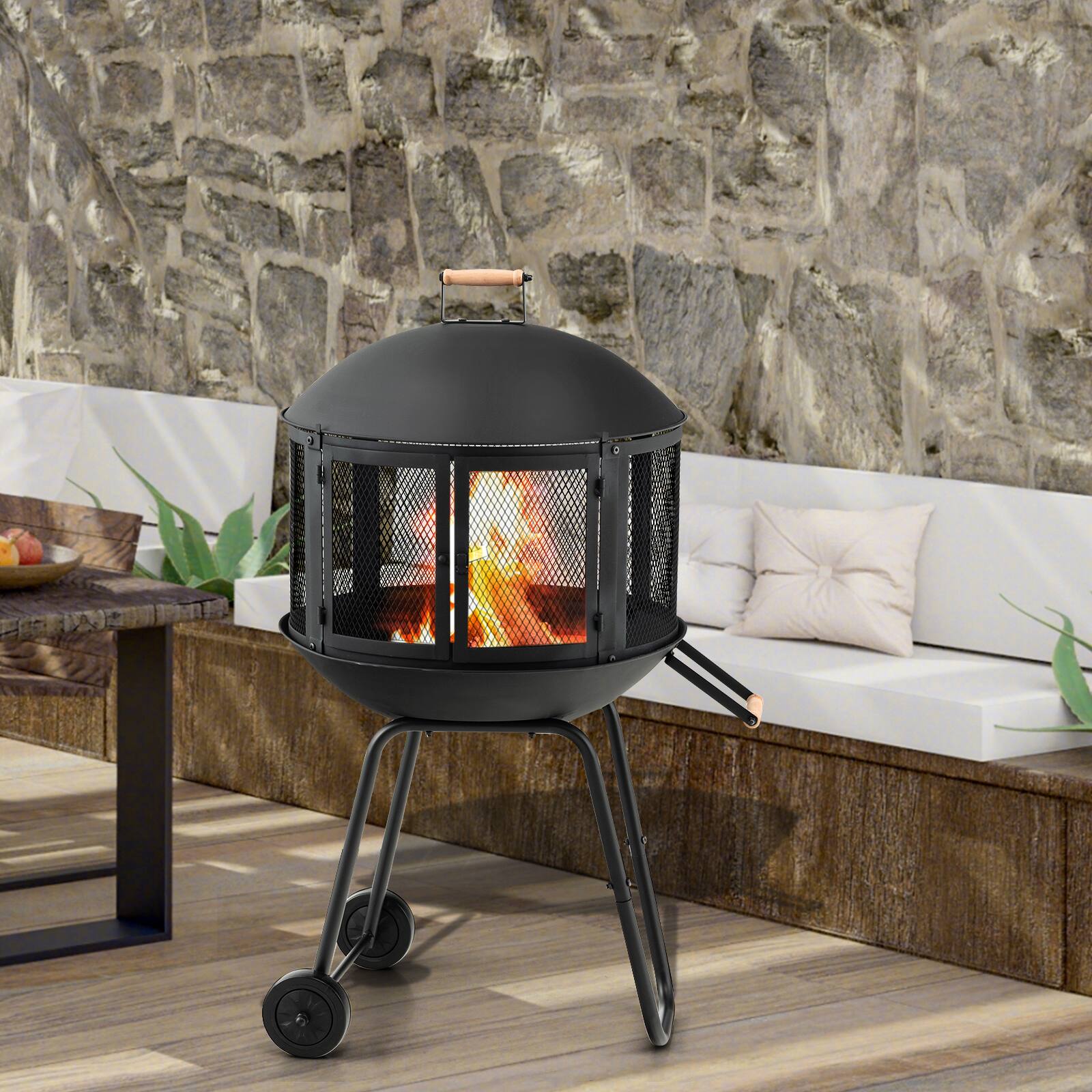 Alt View 12. Costway - 28" Patio Rolling Fire Pit Wood Burning Firepit w/ Wheels Mobile Fireplace - Black.