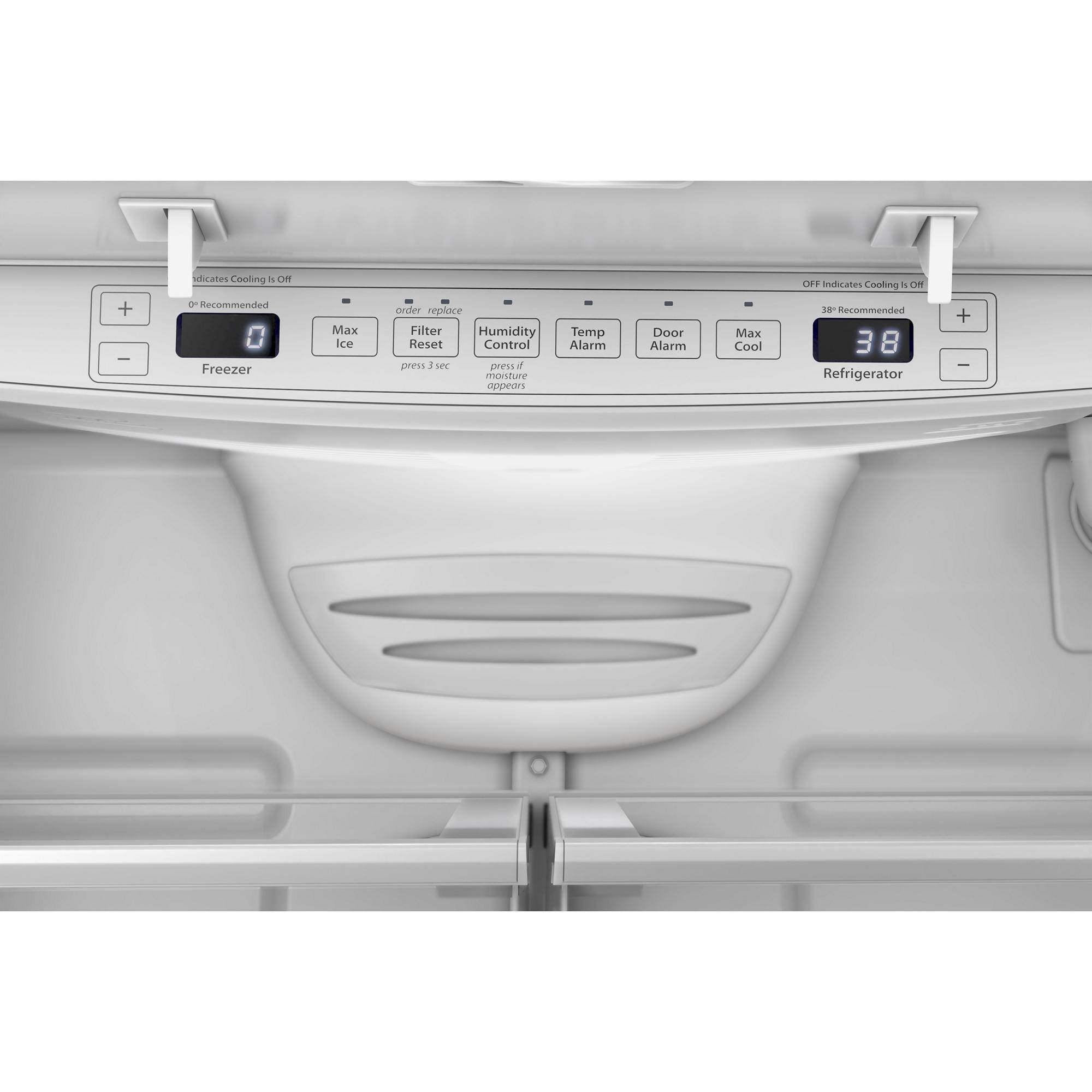 The text on the image reads:
"Cooling i OR - Recommended Freezer Max ce order replace Filter Humidity Reset Control preso 3 SeY prena a monture DpNcOnY Temp Alarm Door Alarm Max Cool OFF Indicates Cooling i OR E Recommended 38 Refrigerator."
The corrected text is:
"Cooling i OR - Recommended Freezer Max ce order replace Filter Humidity Reset Control preso 3 SeY prena a monture DpNcOnY Temp Alarm Door Alarm Max Cool OFF Indicates Cooling i OR E Recommended 38 Refrigerator."