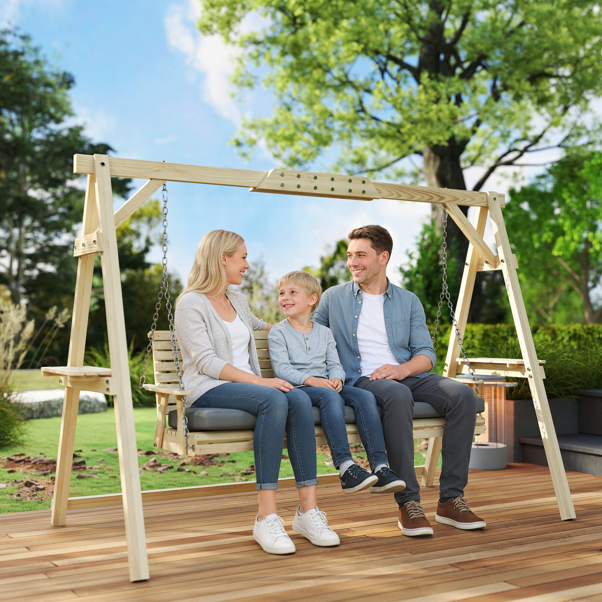 Alt View 7. Outsunny - Seat Wooden Porch Swing with Stand, Patio Swing with Cushion, for Garden, Poolside, Backyard.
