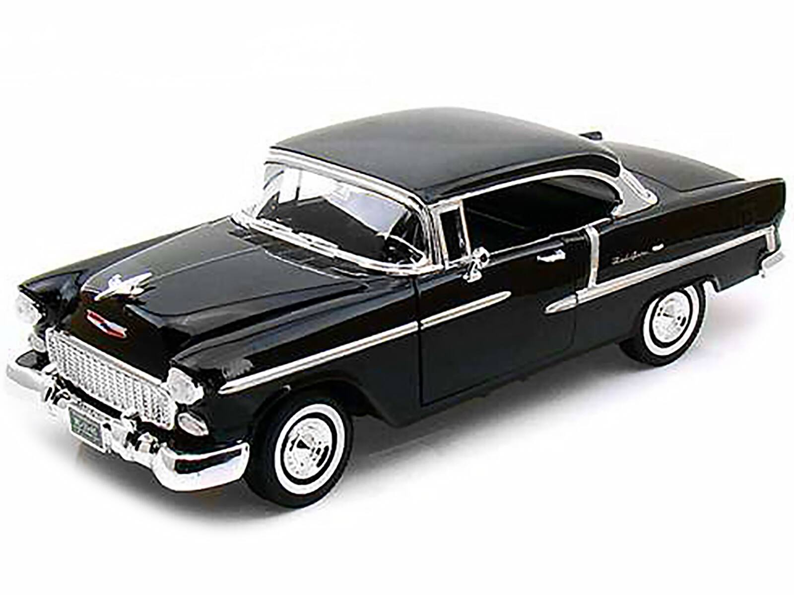 Angle. Motormax - 1955 Chevrolet Bel Air Hard Top Black 1/18 Diecast Car Model by Motormax - Black.