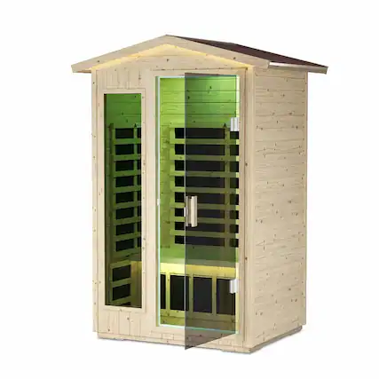 Front. RYHNUYNE - Far Infrared Sauna Room, Norway Spruce Wood, 6 Heating Plates, 1850W, Home Spa - Natural Wood.