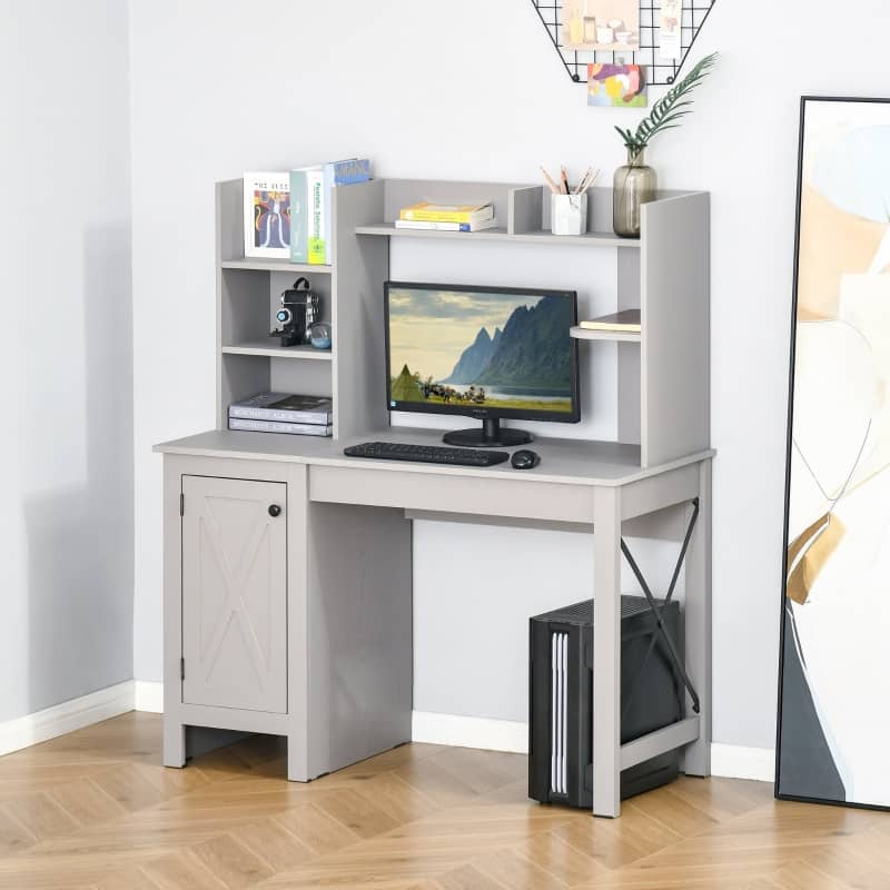 Anysun - Computer Desk with Hutch & Storage Cabinet, Space-Saving Home Office Desk with Shelves - Light Gray