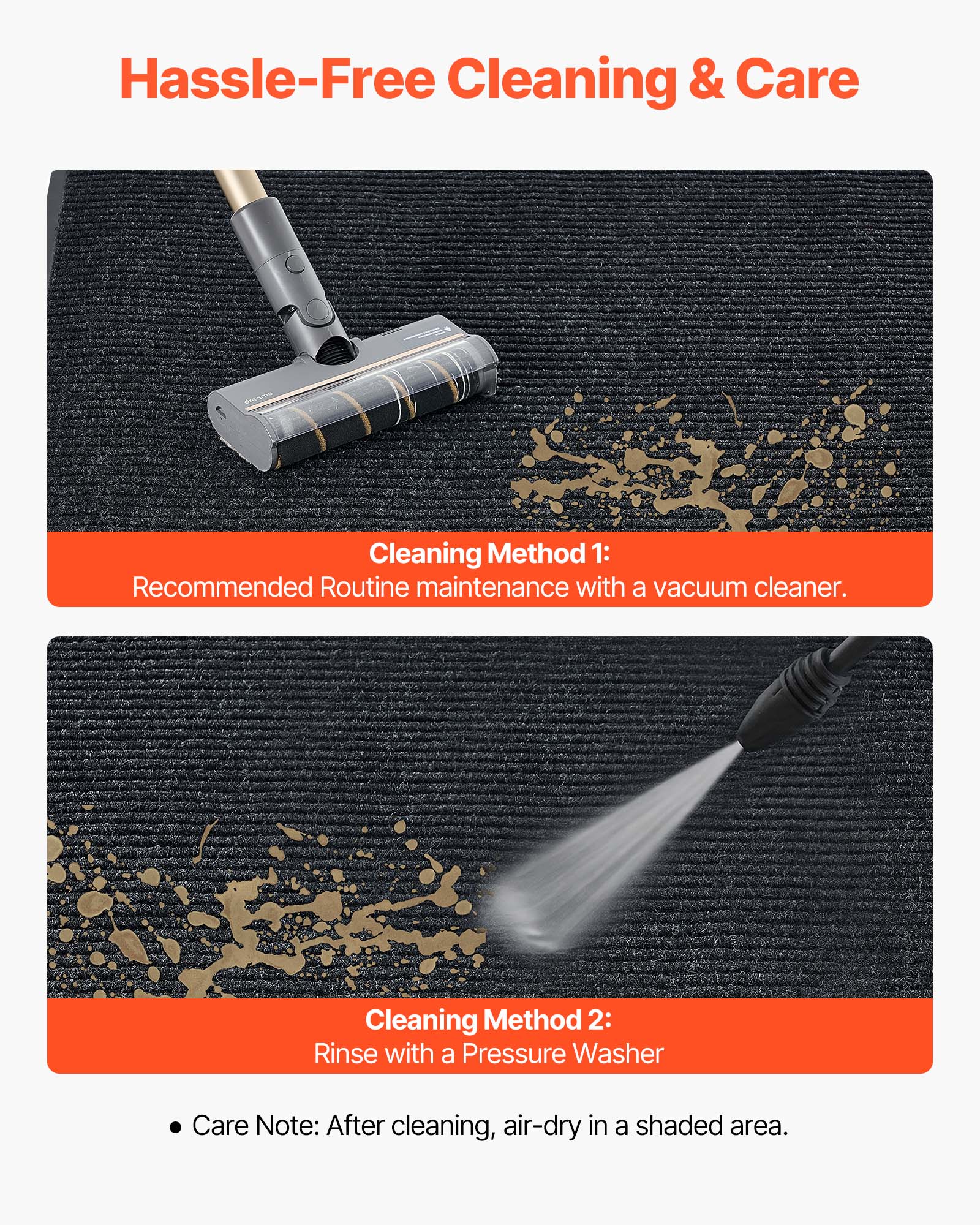 Hassle-Free Cleaning & Care

Cleaning Method 1:
Recommended Routine maintenance with a vacuum cleaner.

Cleaning Method 2:
Rinse with a Pressure Washer

Care Note: After cleaning, air-dry in a shaded area.