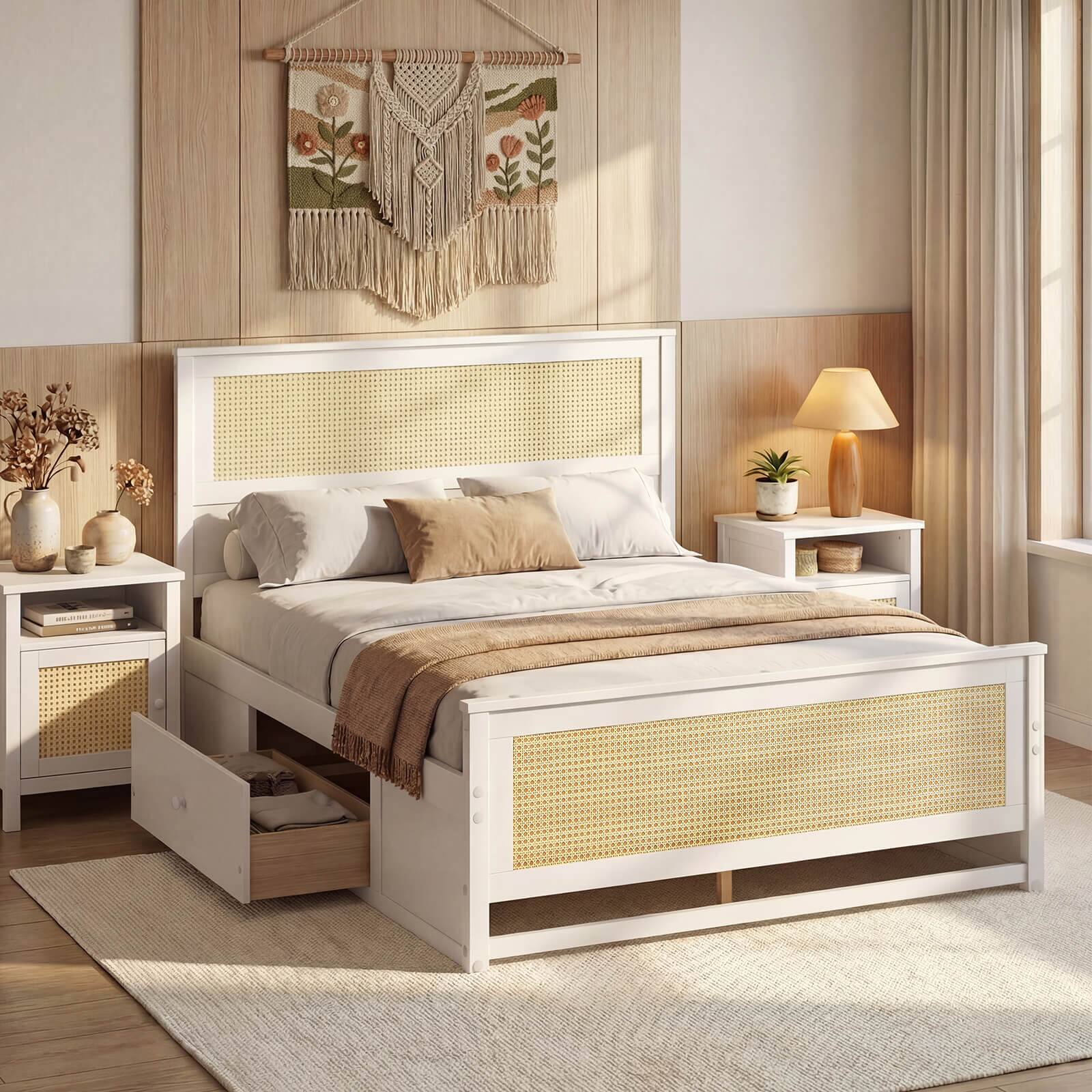 Alt View 5. Costway - Costway Full Size Rattan Bed Frame with Headboard, 2 Storage Drawers & Space - White.