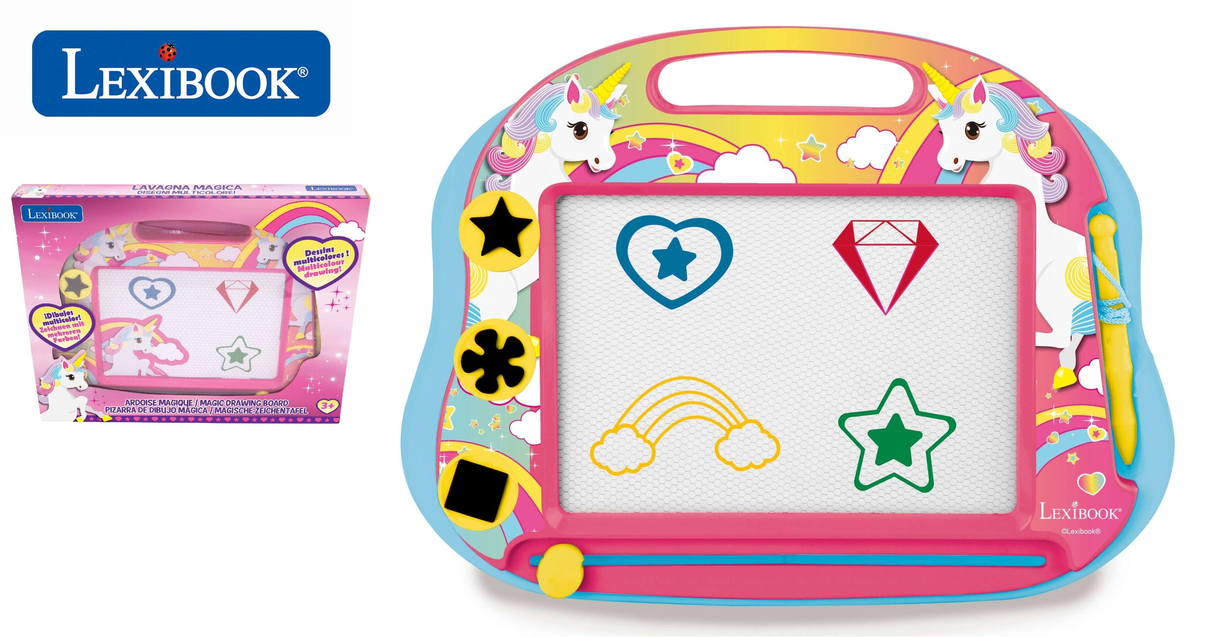 LEXIBOOK LAVANA MAGICA II  
LEXIBOOK Dessins  
Multicolour drawing!  
IDibules  
Trednpittuam mit Zoichnon makreren  
9 Farbea!  
ARDOISE MAGIQUE  
MAGIC DRAWING BOARD  
3+  
PIZARRA  
OLLIBO MAGICA  
MAGISCH ZEICHENTAHEE  
LEXIBOOK  
LexibookD