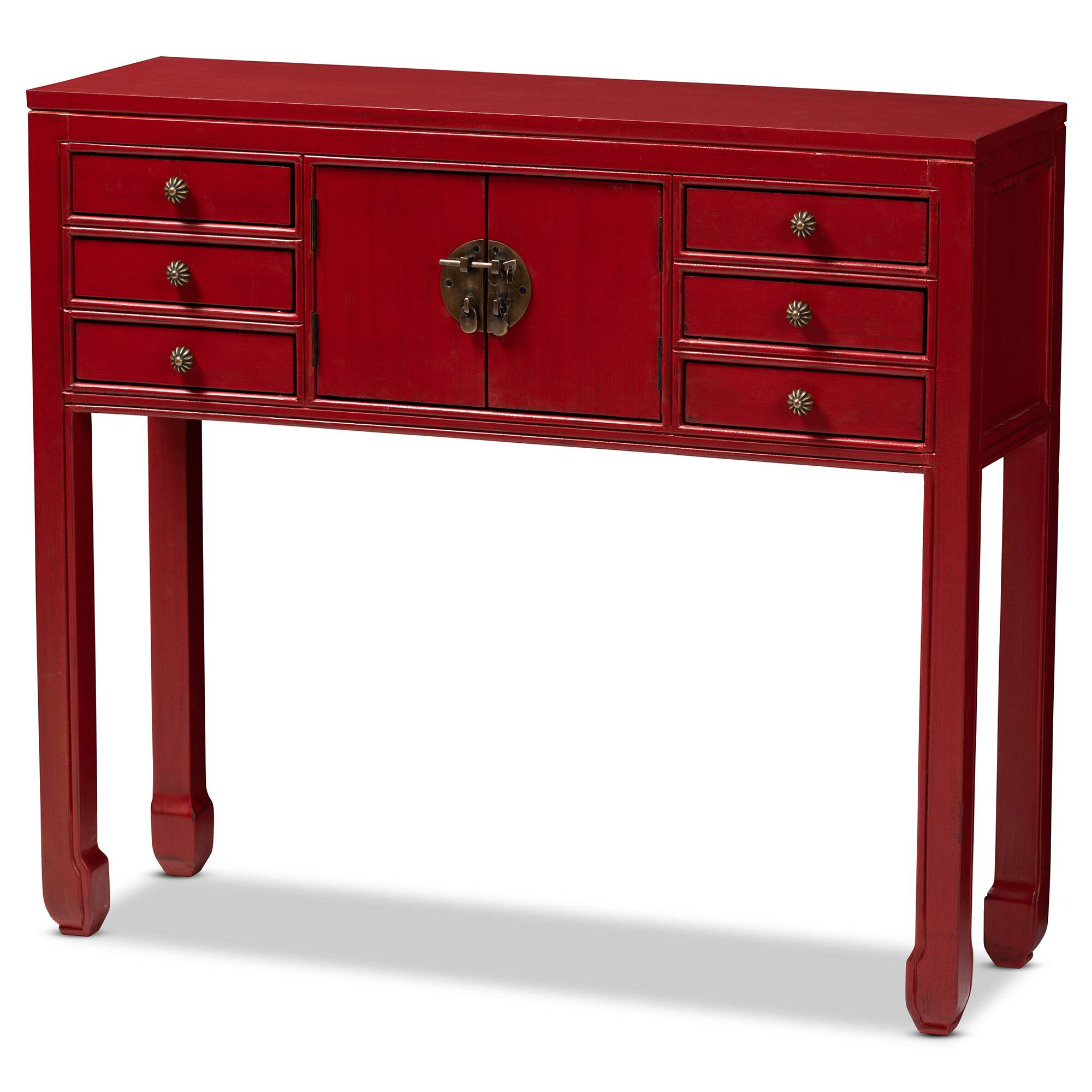 Front. Baxton Studio - Melodie Classic and Antique Finished Wood Bronze Finished Accents 6-Drawer Console Table - Red.