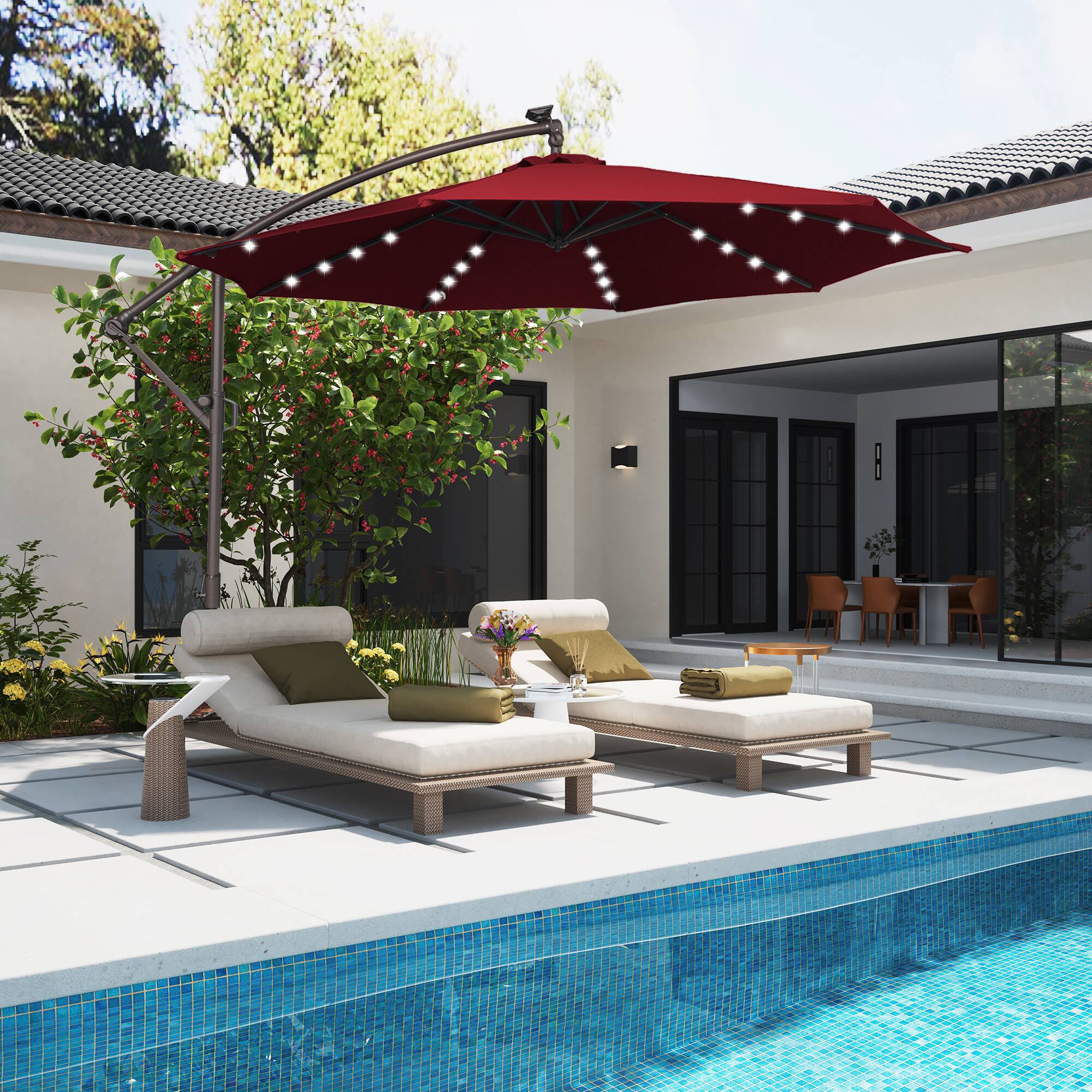 4' umbrella patio Elm 10 ft. Outdoor / Patio Cantilever Hanging Umbrella with weight base kit