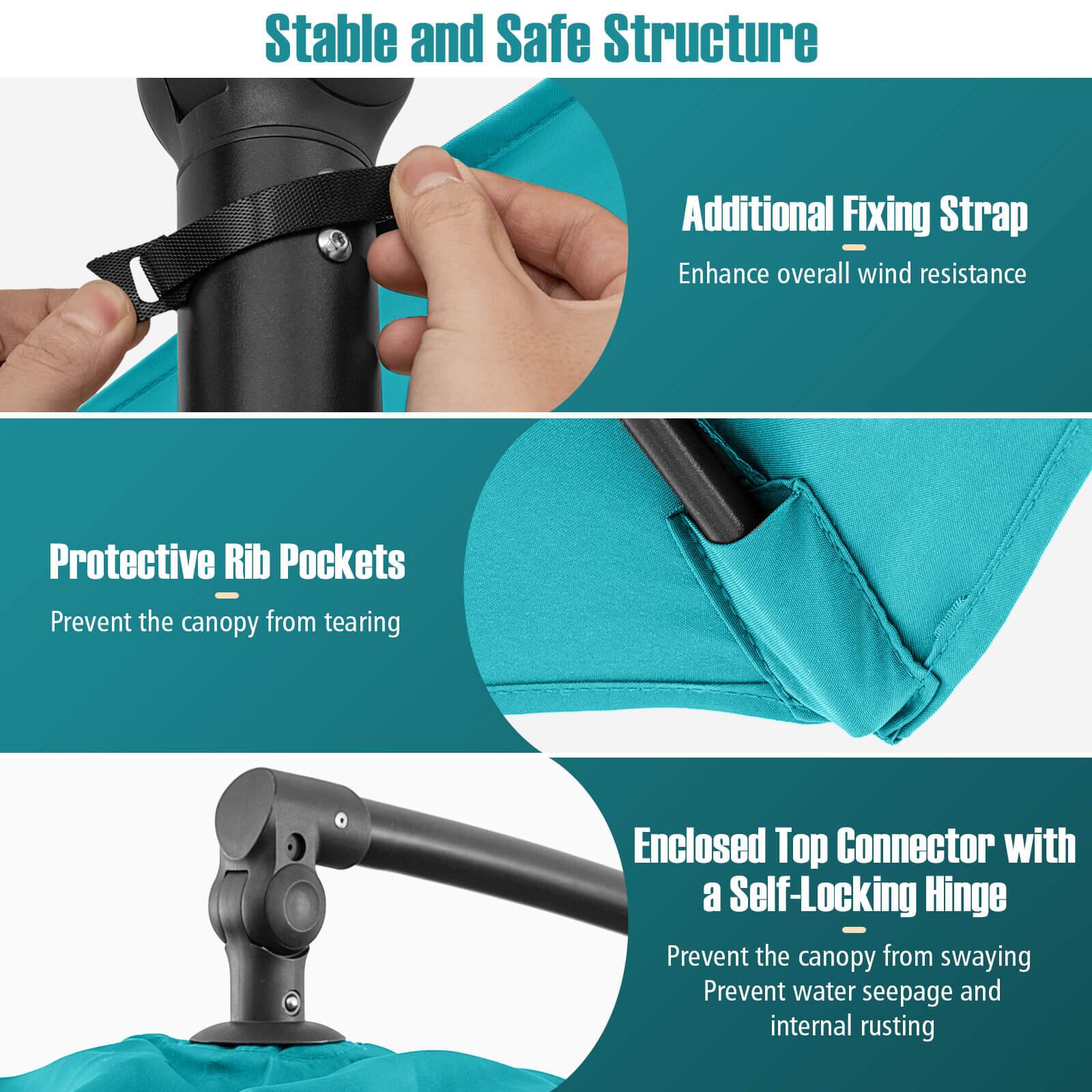 Stable and Safe Structure:

* Additional Fixing Strap: Enhance overall wind resistance.
* Protective Rib Pockets: Prevent the canopy from tearing.

Enclosed Top Connector with a Self-Locking Hinge:

* Prevent the canopy from swaying.

Prevent water seepage and internal rusting: