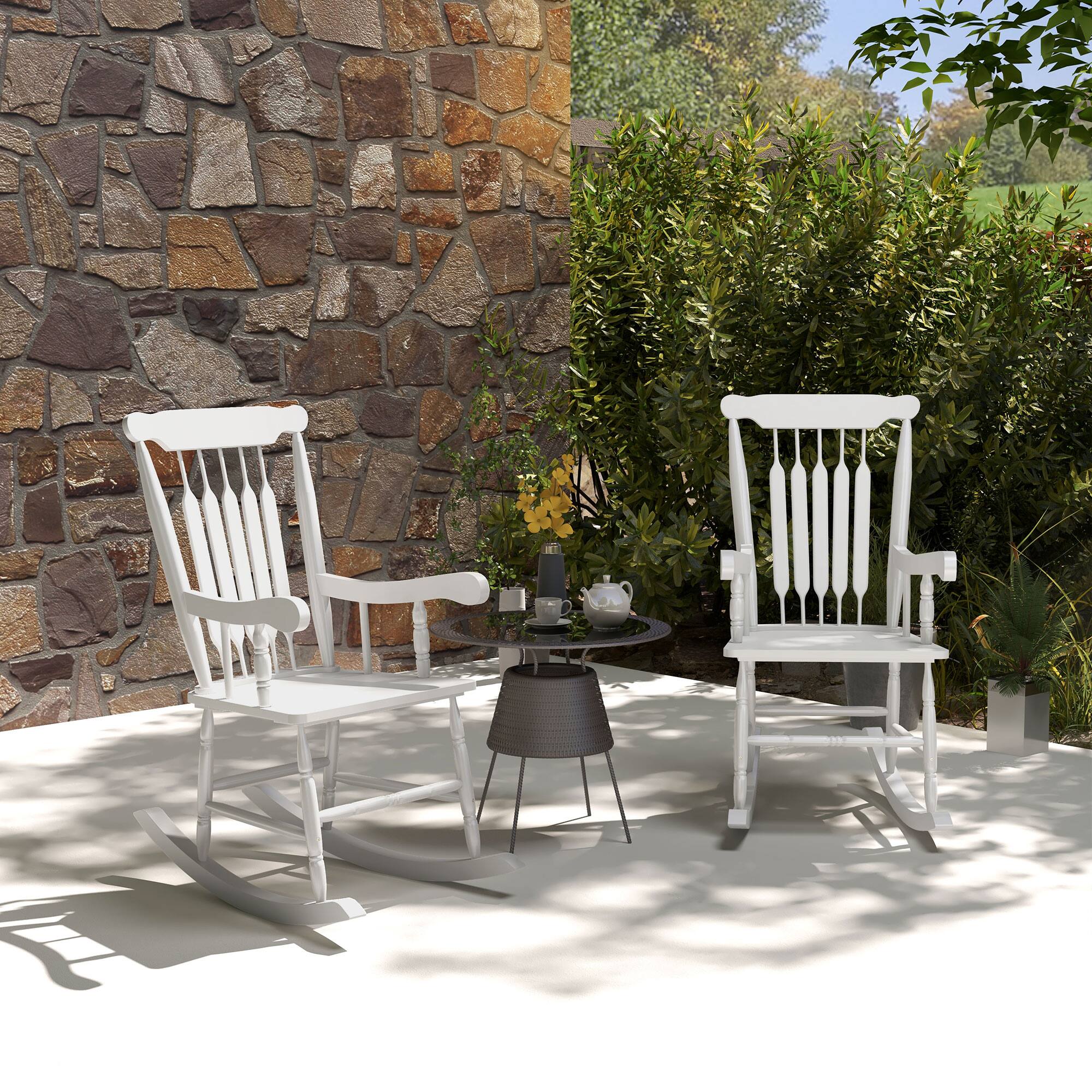 Alt View 1. Outsunny - Outdoor Wood Rocking Chairs Set of 2, 350 lbs. Porch Rockers with High Back for Garden, Patio, Balcony - White.
