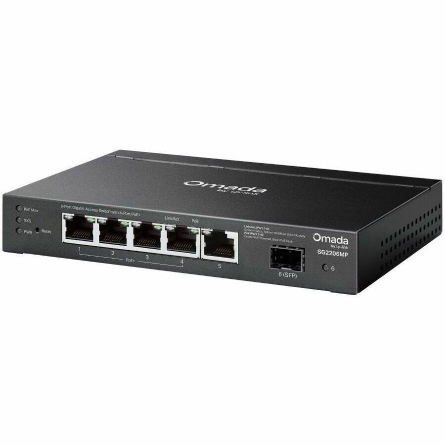 Omada by TP-Link  
6-Port Gigabit Access Switch with 4-Port PoE+  
SG2206MP  
Ports:  
1, 2, 3, 4 (PoE+)  
5, 6 (SFP)  
PWR, Reset, Link/Act, SYS, PWR LED indicators